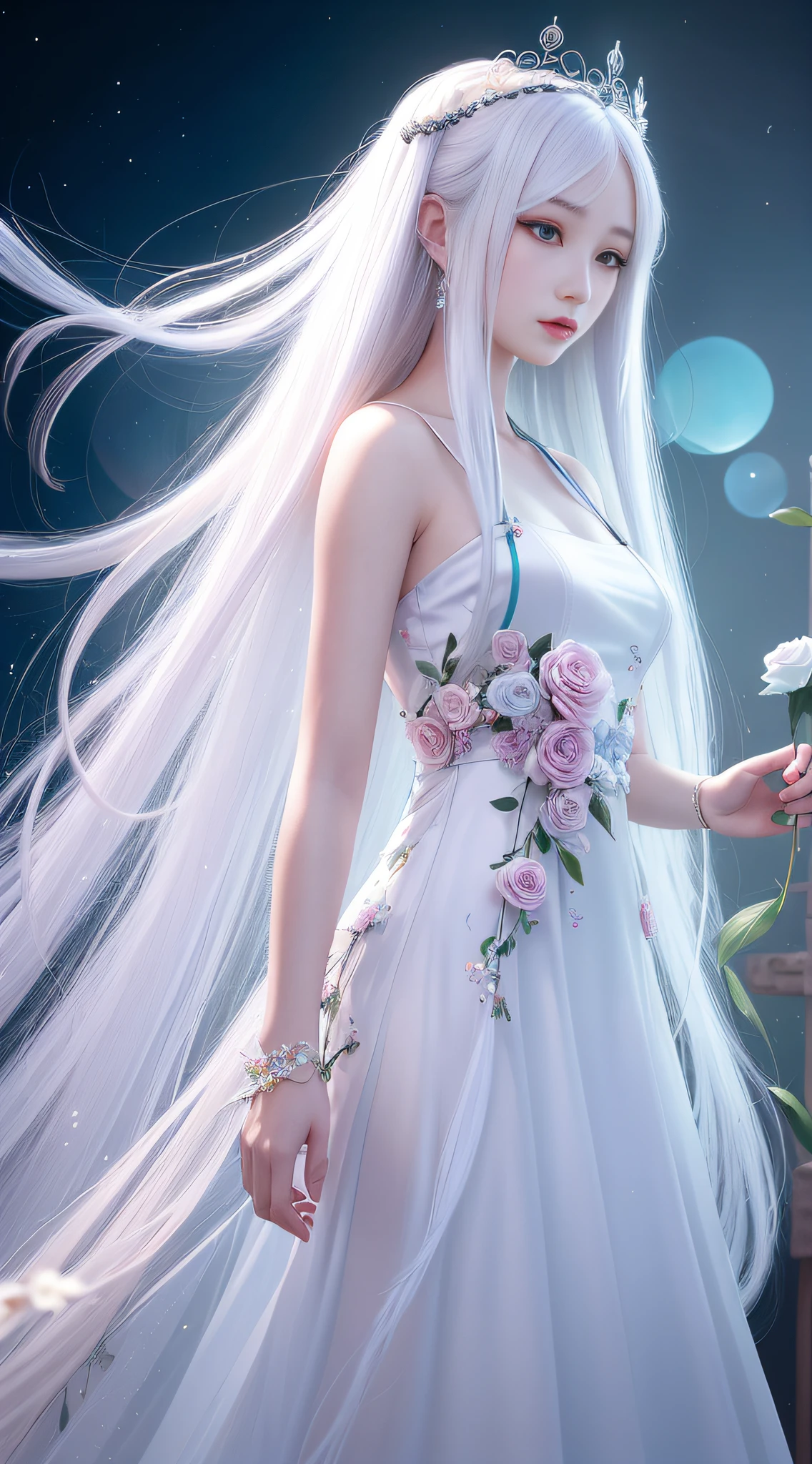 Girl with long white hair and dress with flowers, digital art inspired by Ai Xuan, trend in CG society, fantasy art, ((beautiful fantasy queen)), ethereal beauty, beautiful fantasy queen, 8k high quality detail art, beautiful fantasy anime, ethereal fantasy, beautiful young wind spirit, guweiz, cgstation trend ((premium silk transparent))