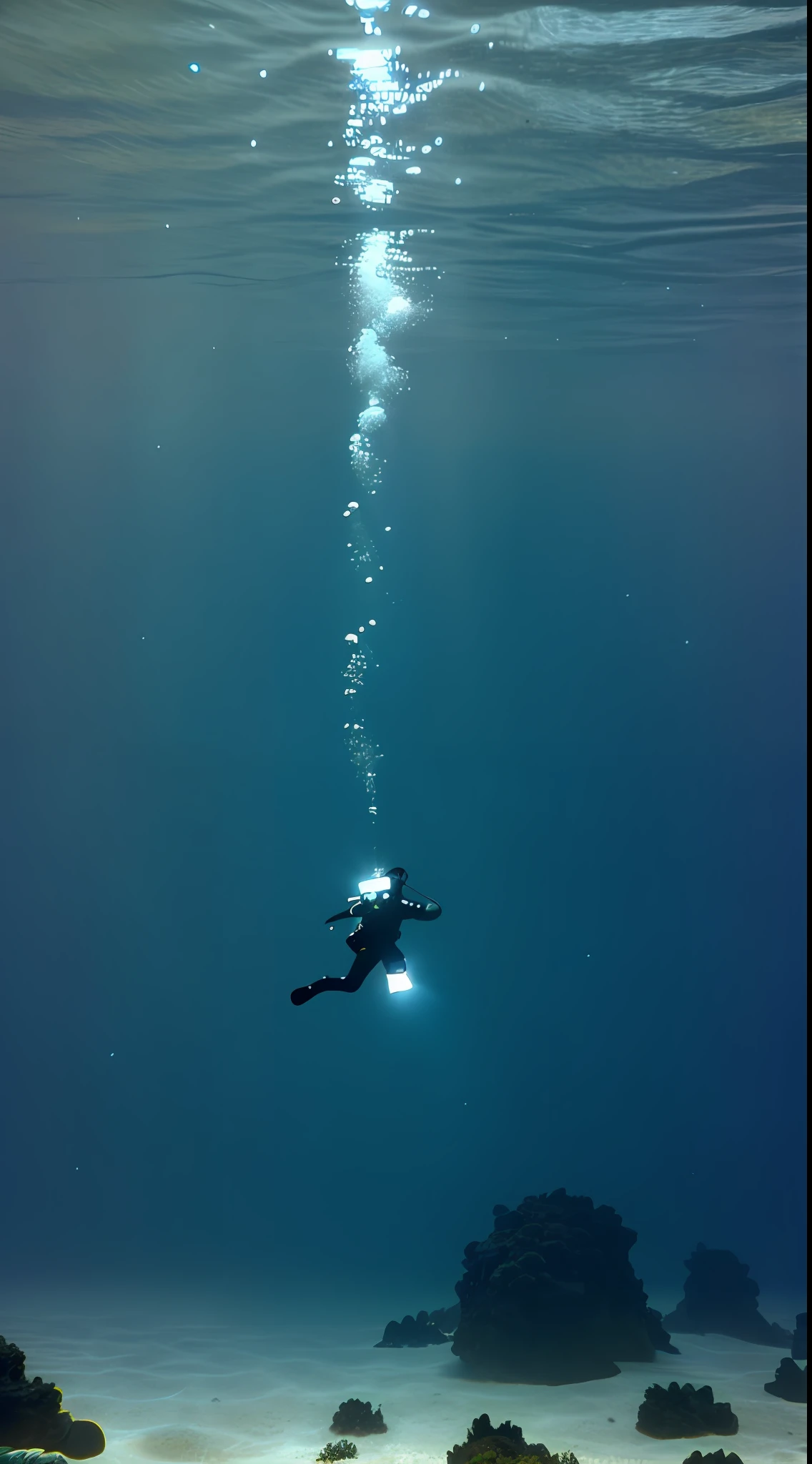 (realistic) there is a person swimming in the ocean with a diving board, a diver is under the sea, a diver is under the sea, swimming to the surface, under the water swimming, standing under the sea, swimming deep underwater, underwater perspective, middle of the ocean, humans hide in the underwater water, fish, photo of the middle of the ocean, incredible depth, Brazilian sea