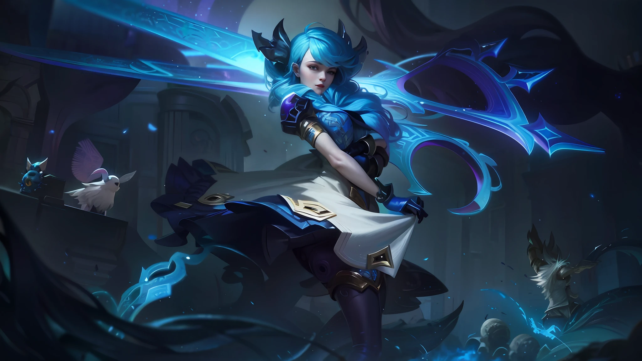 Gwen of league of legends,blue hair, beautiful background