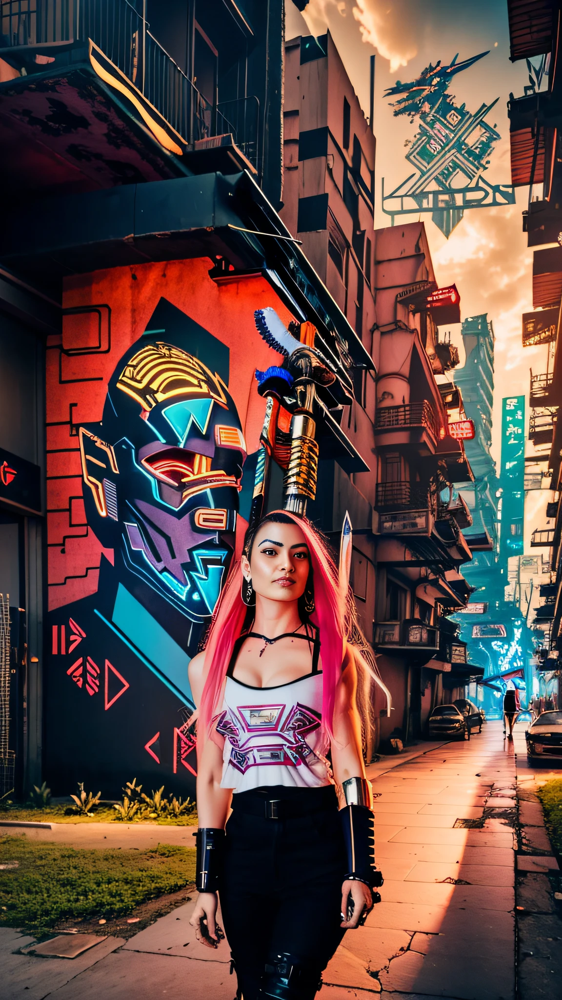 Cyberpunk warrior with a sword, city background, neon lights, cyberpunk, scifi,