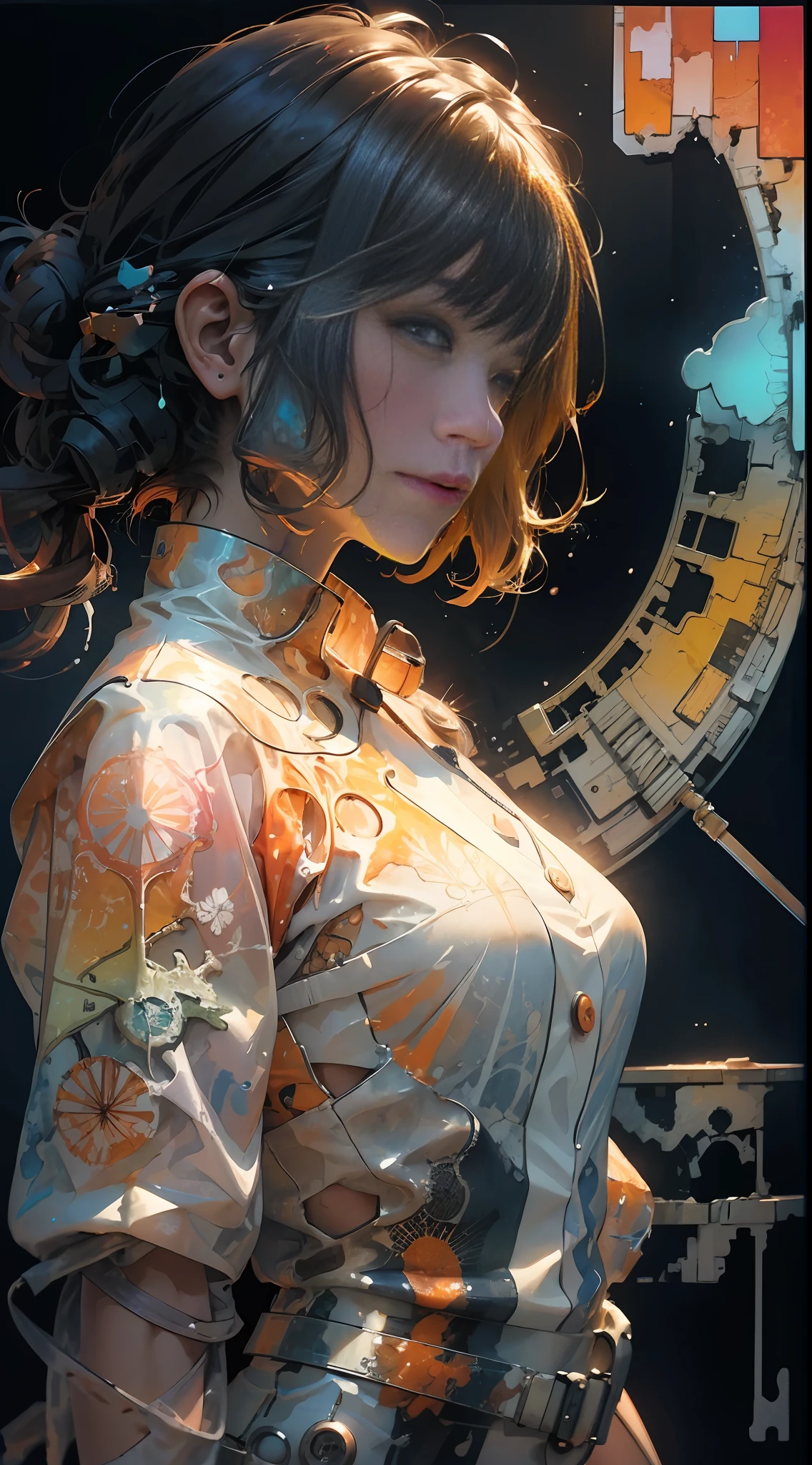 Watercolor paint, Realistic profile photograph (side) of 1girl in white and orange sticky jumpsuit with buttons, transparencies and neon stripes, runny viscous liquid, melt, drops, bottom-up view, luminous colorization, mandalas and fractal background images, particles, super-detailed, ultrasharp