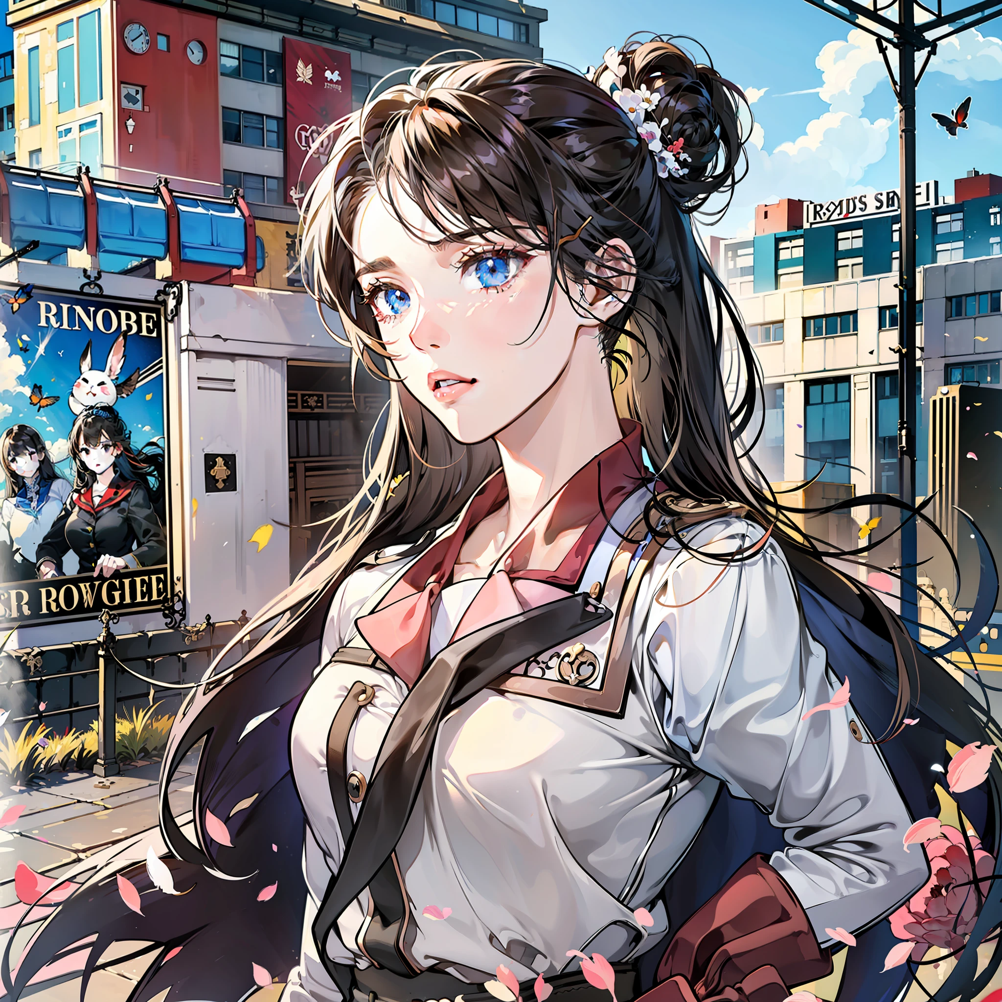 Brown-black hair, black eyes, fair skin, goose egg face, atmospheric facial features, tall, confident and powerful, toned and plump, high school girls, school uniform, coiled hair, hair bun, with hairpin, red rose, blue butterfly, white rabbit, billboard, official quality, mysterious, light and shadow, correct proportions, aesthetics, atmosphere,