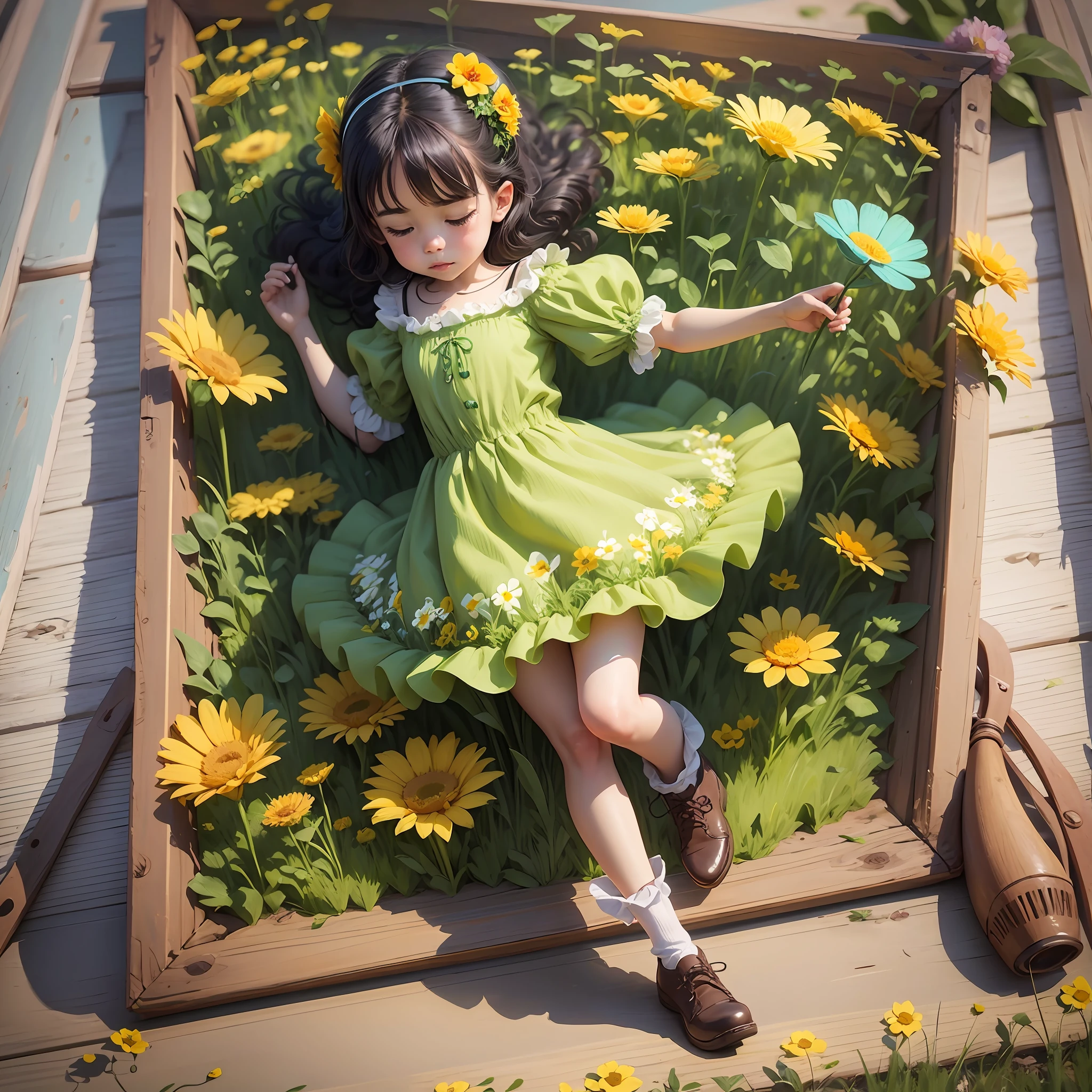 cartoon girl in a green dress and yellow shirt holding a flower, childrens art in artstation, cute detailed digital art, adorable digital painting, cute art style, cute detailed artwork, girl in flowers, cute digital art, girl in a flower field, full body portrait of a short!, girl dancing in a flower field, a beautiful artwork illustration --auto --s2
