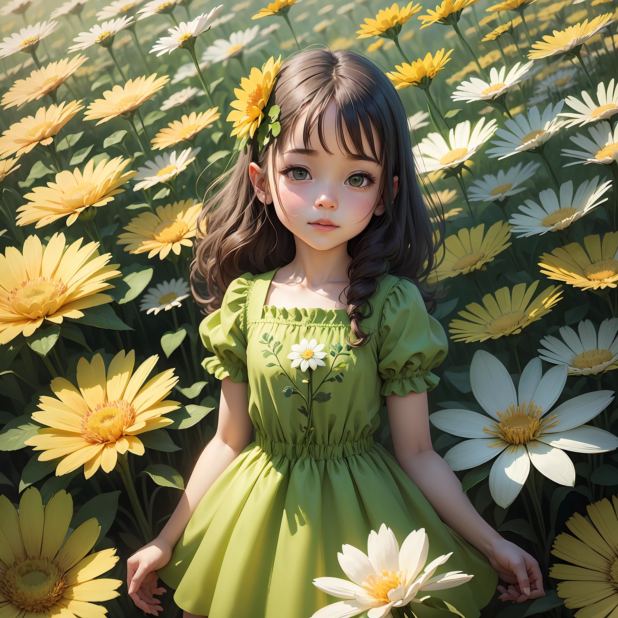 cartoon girl in a green dress and yellow shirt holding a flower, childrens art in artstation, cute detailed digital art, adorable digital painting, cute art style, cute detailed artwork, girl in flowers, cute digital art, girl in a flower field, full body portrait of a short!, girl dancing in a flower field, a beautiful artwork illustration --auto --s2