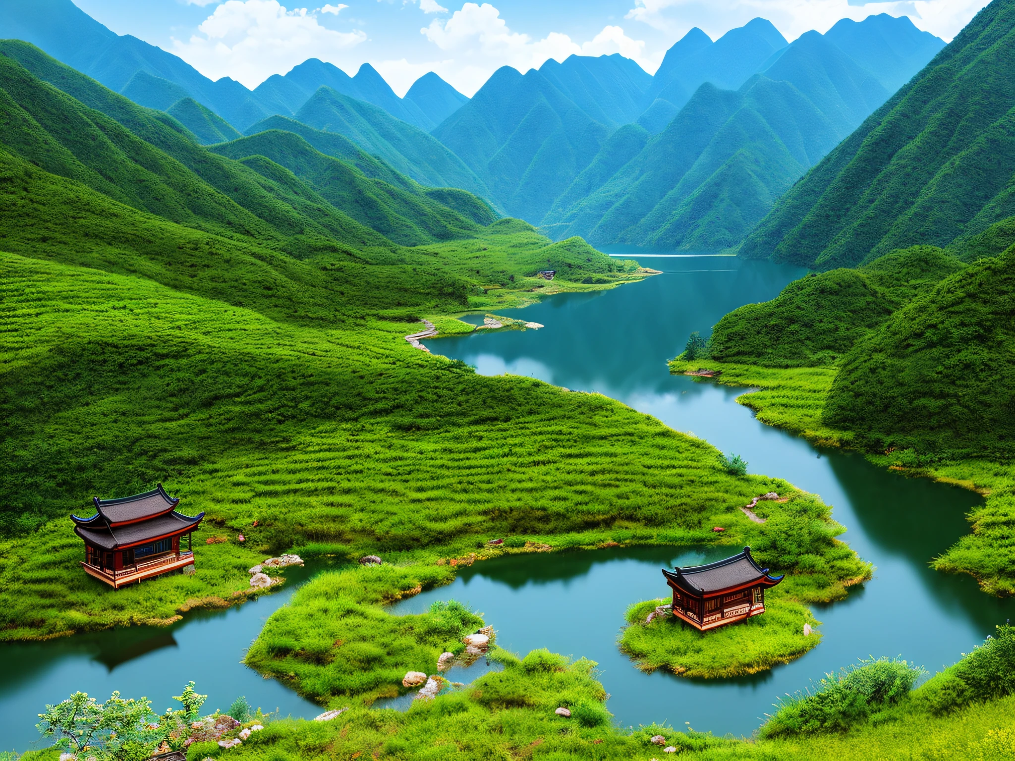 Qushui Liuyu, beautiful scenery, a peaceful place, very pleasant, beautiful, calm, realistic, 8k uhd, studio quality, ultra-realistic, maximum detail, large-scale, post-processing, realistic, photorealism, photoshop, photography, detailed, cinematic lighting, landscape, panorama, landscape, ray tracing,