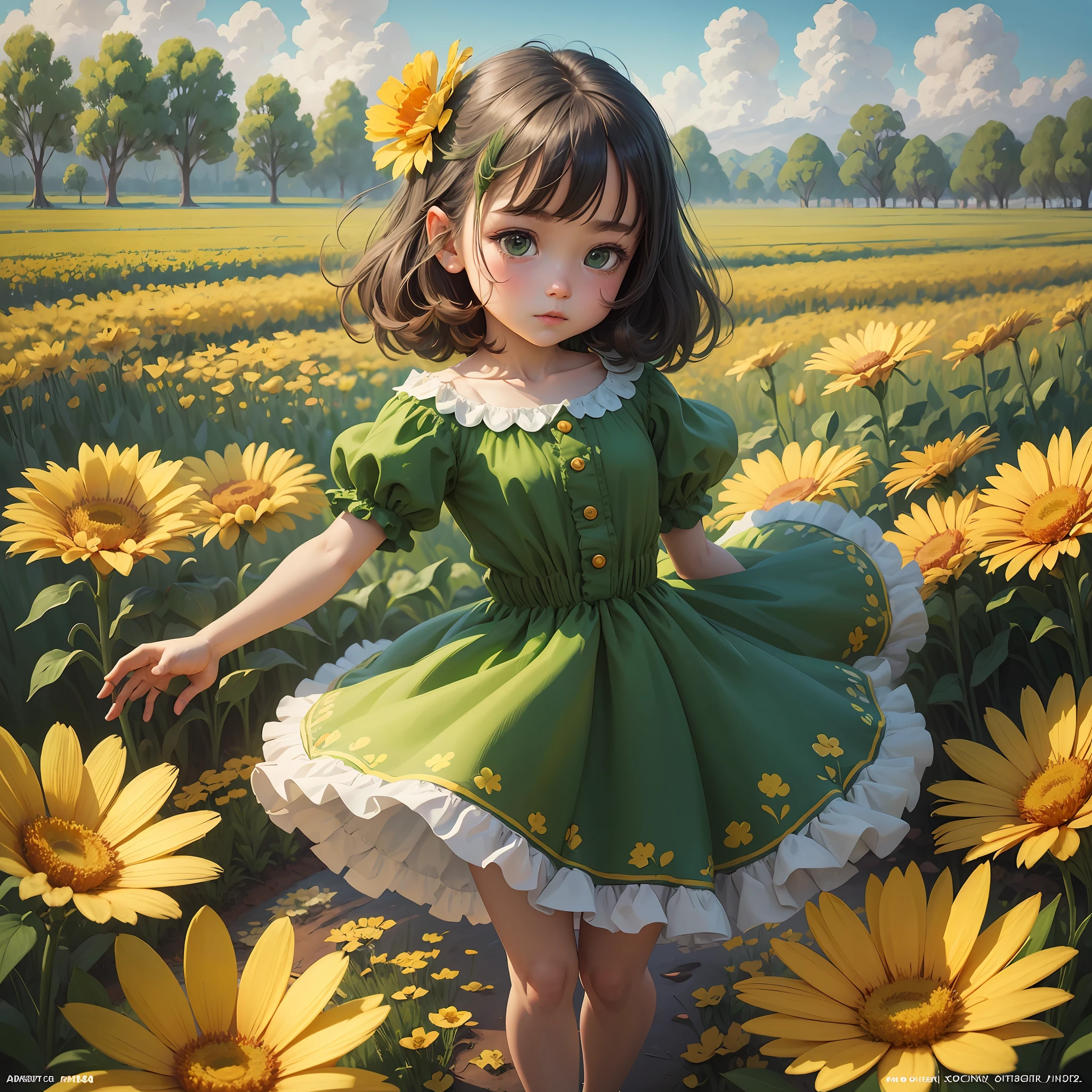 cartoon girl in a green dress and yellow shirt holding a flower, childrens art in artstation, cute detailed digital art, adorable digital painting, cute art style, cute detailed artwork, girl in flowers, cute digital art, girl in a flower field, full body portrait of a short!, girl dancing in a flower field, a beautiful artwork illustration --auto --s2