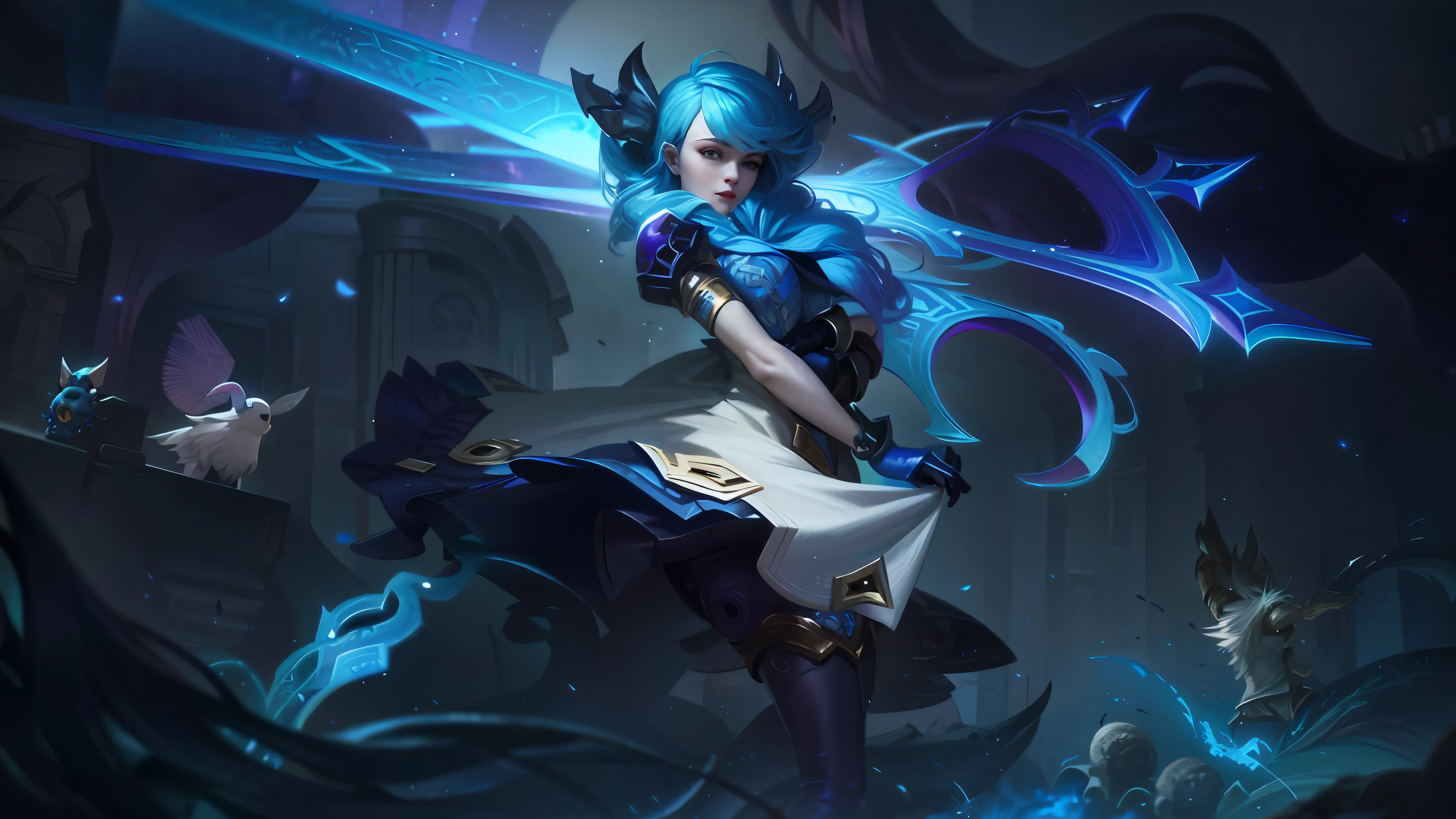 Gwen of league of legends,blue hair, beautiful background