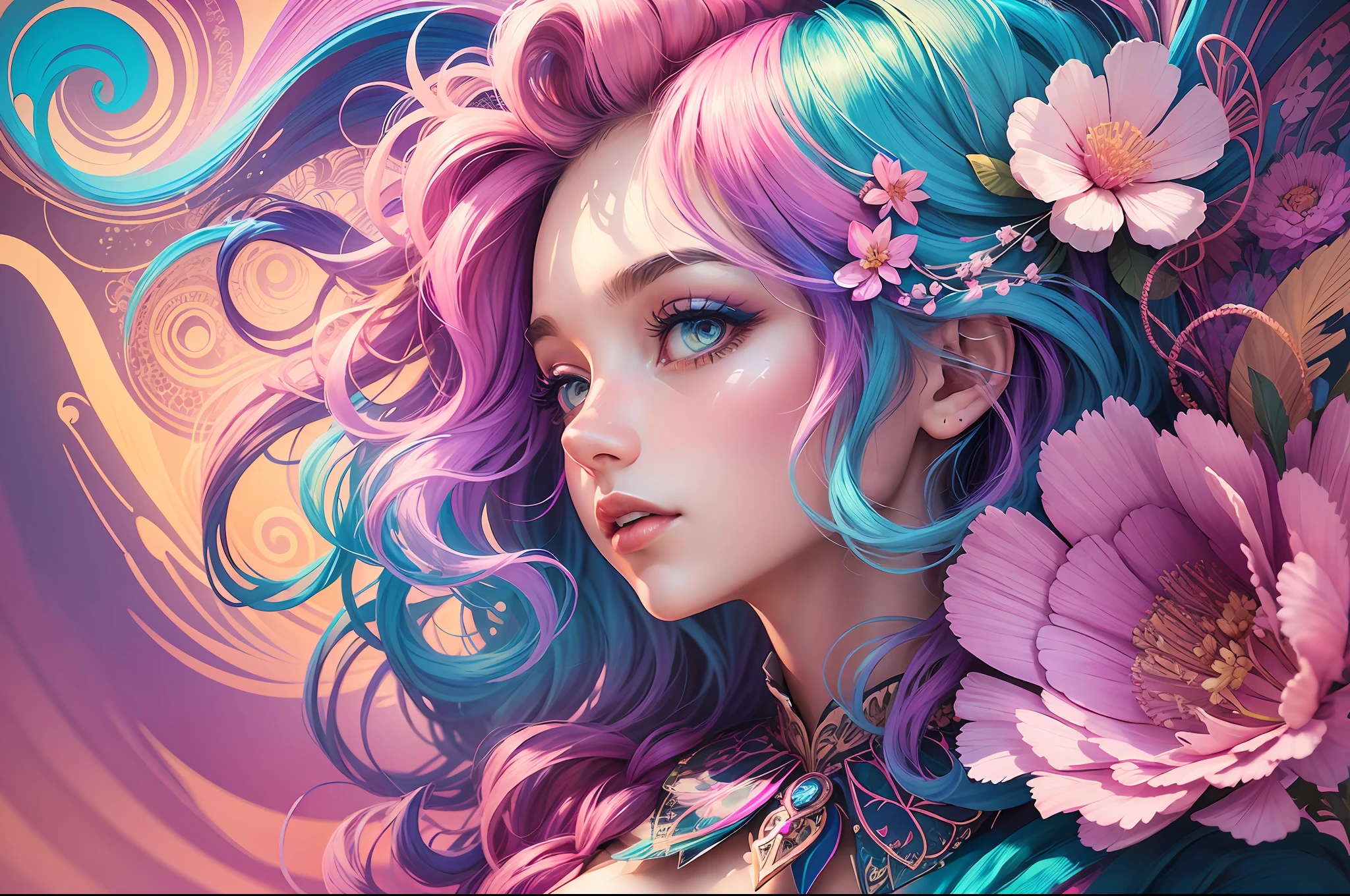 a woman in boheme chic outfit adorned with flowers, vibrant colors, anime-inspired, soft pastels, brush strokes, ethereal, digital painting, beautiful and intricate patterns, delicate curls, rainbows, playful, stylish, high contrast, striking shadows, fantastical elements, modern twist, retro vibes, lively and energetic, surrealistic elements, kaleidoscopic patterns, dreamlike atmosphere, whimsical, effervescent, contemporary flair, eye-catching details, magical ambiance, lively, youthful, pop-art influences, immersive depth. - --auto --s2