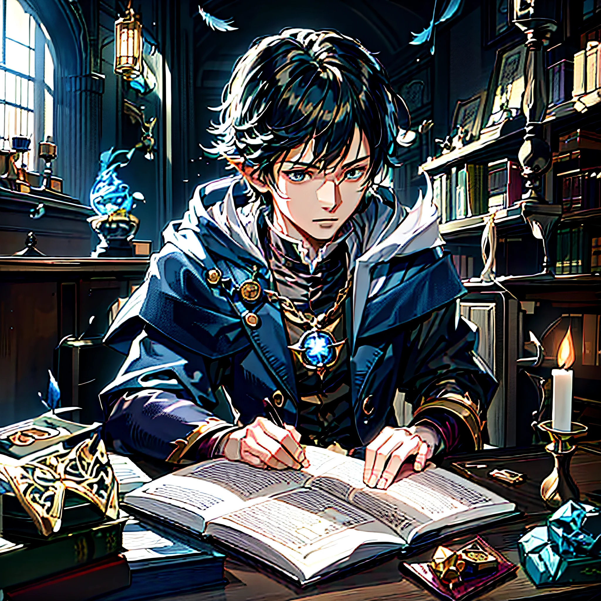anime character sitting at a table with a book and candle, rpg book portrait, portrait of a young elf wizard, portrait of a mage, black - haired mage, alchemist library background, roleplaying game art, by Yang J, he is in a alchemist lab, thin young male alchemist, wizard sits reading at a desk, artbook artwork, portrait of merlin