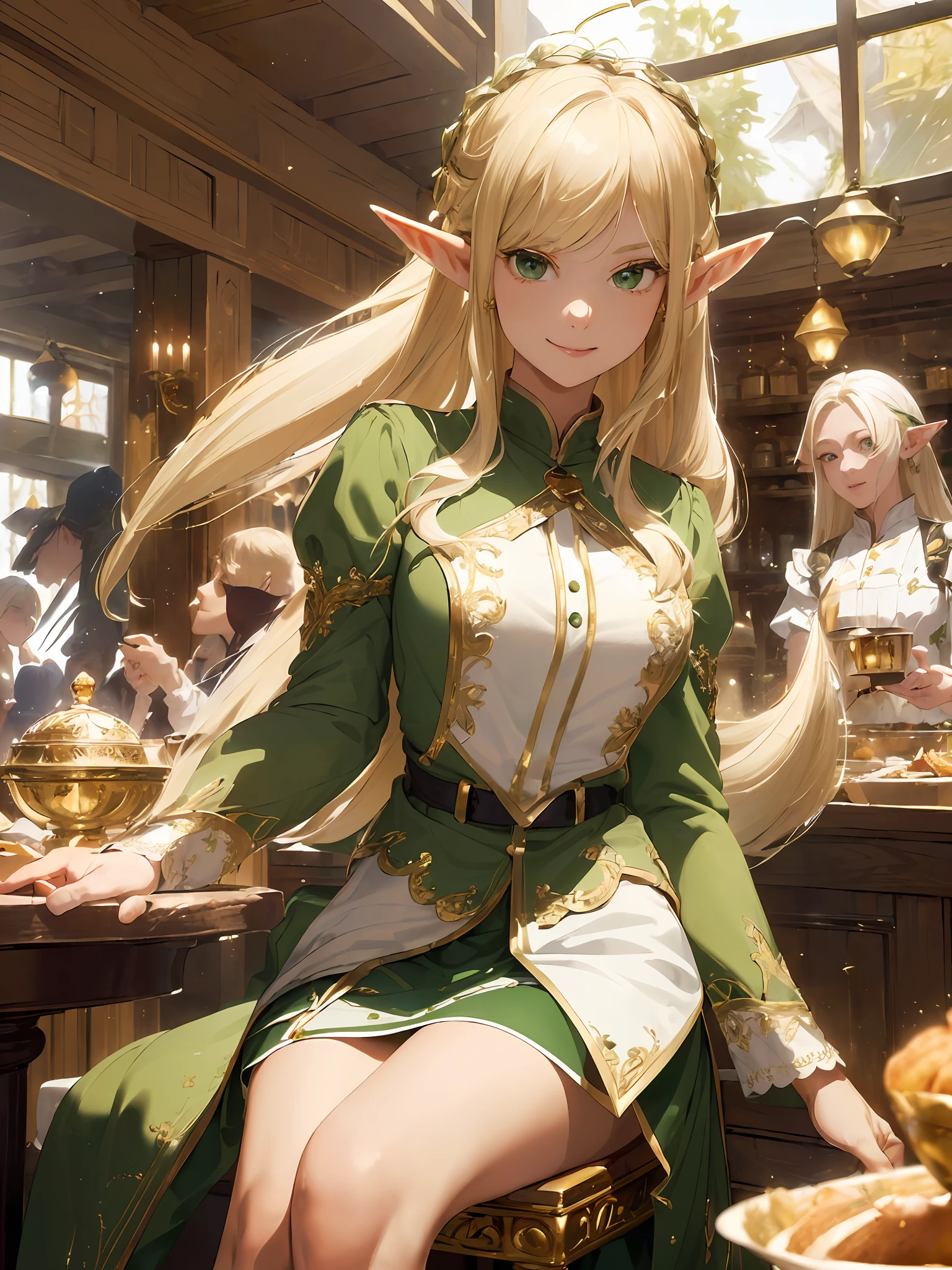 (((Masterpiece, highest quality, high definition, high detail))), one, ((Elf woman))), (white short skirt with gold embroidery), (blonde long straight hair), (glossy dark green eyes), (green surcoat embroidered with gold), big, (tavern in the fortified city)), ((dining at the tavern desk)), (gastronomy: 1.6), tilting the head, smiling, ((breeze, breeze, Particles of light flying