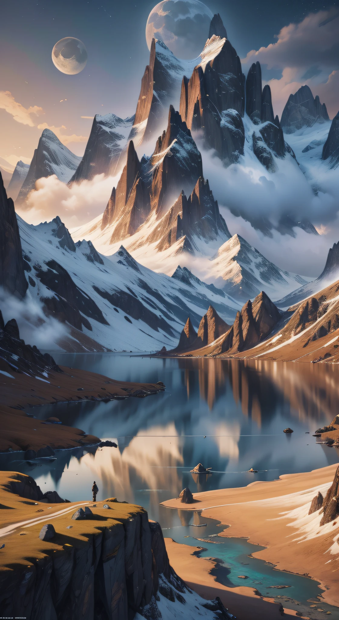 mountains and a lake with a moon in the sky, 4k highly detailed digital art, 4 k hd wallpaper very detailed, impressive fantasy landscape, sci-fi fantasy desktop wallpaper, unreal engine 4k wallpaper, 4k detailed digital art, sci-fi fantasy wallpaper, epic dreamlike fantasy landscape, 4k hd matte digital painting, 8k stunning artwork