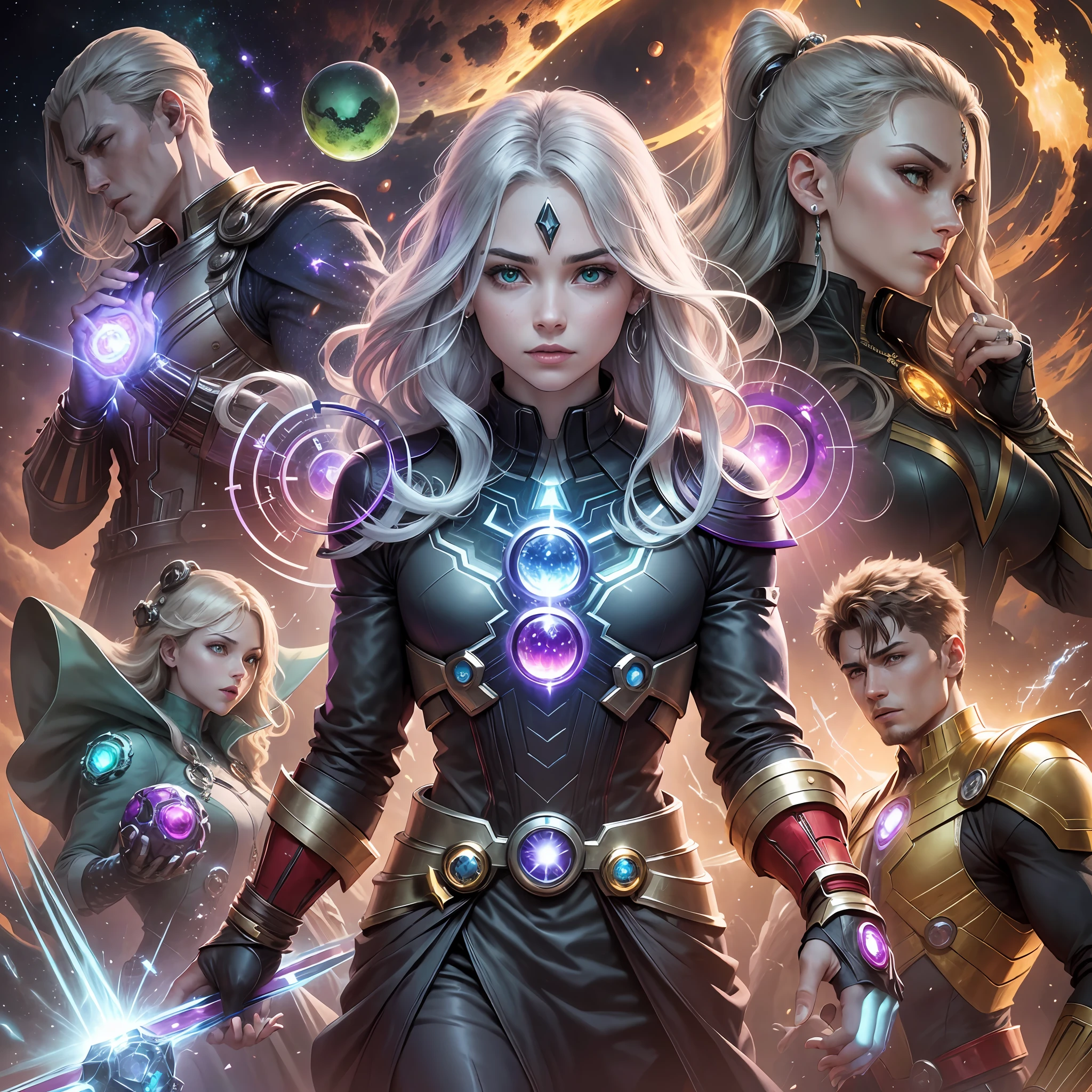 An illustration of a ring with five infinity stones from the Marvel movie Avengers. The stones are: the stone of space (blue), the stone of the mind (yellow), the stone of reality (red), the stone of power (purple) and the stone of time (green). The ring is silver metal and has a sleek and futuristic design --auto --s2