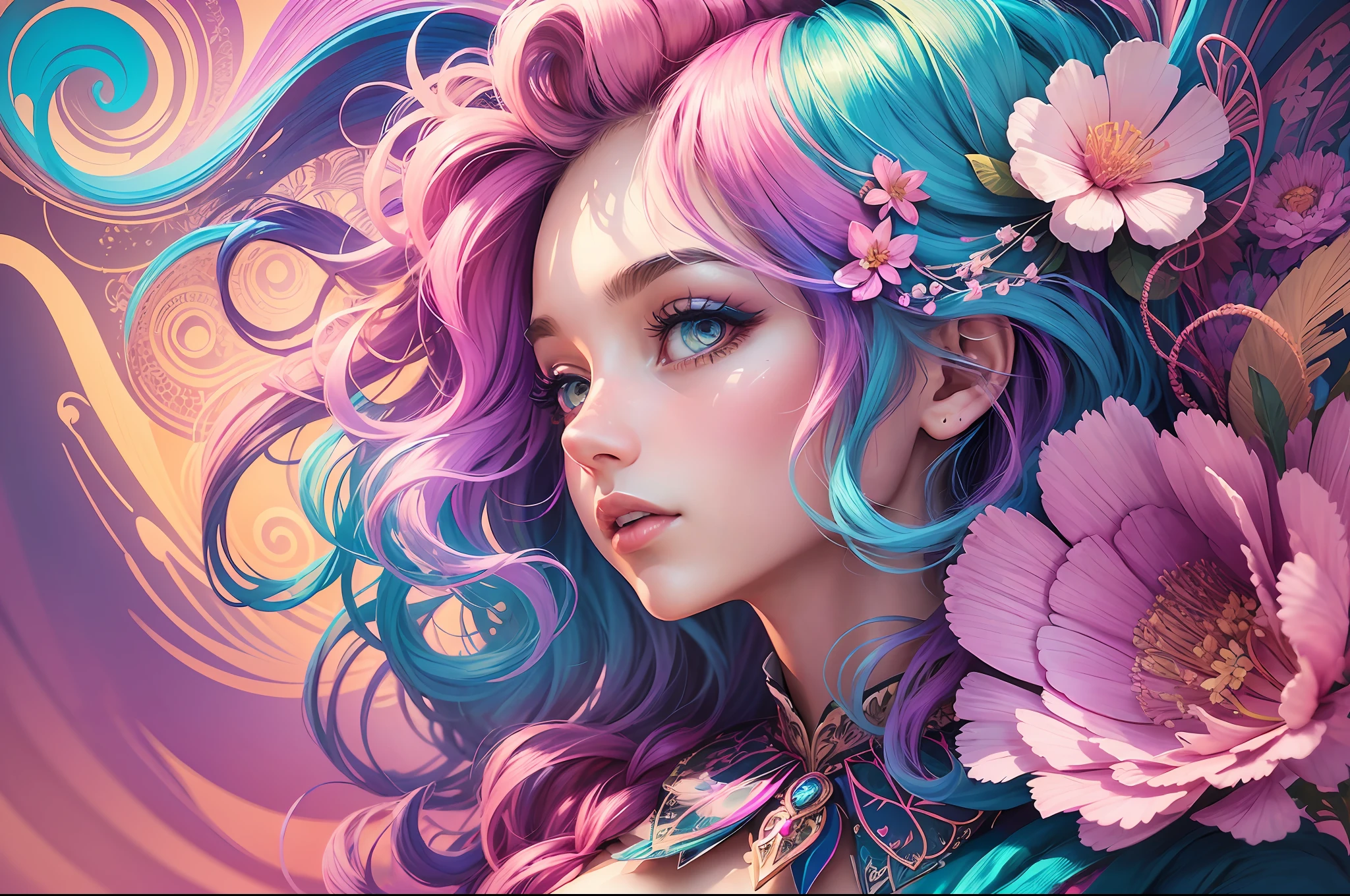 a woman in boheme chic outfit adorned with flowers, vibrant colors, anime-inspired, soft pastels, brush strokes, ethereal, digital painting, beautiful and intricate patterns, delicate curls, rainbows, playful, stylish, high contrast, striking shadows, fantastical elements, modern twist, retro vibes, lively and energetic, surrealistic elements, kaleidoscopic patterns, dreamlike atmosphere, whimsical, effervescent, contemporary flair, eye-catching details, magical ambiance, lively, youthful, pop-art influences, immersive depth. - --auto --s2