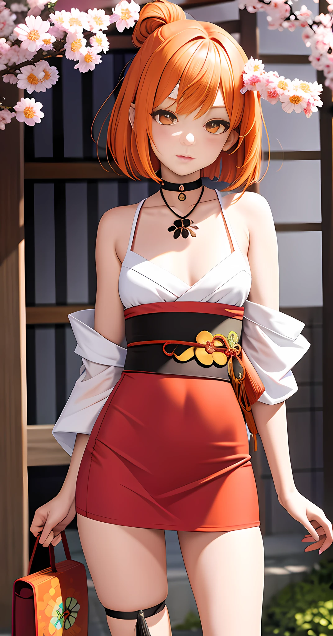 masterpiece, best quality, high resolution, 1girl, orange hair, asymmetrical hair, short hair, hair between eyes,bob cut, side braids, hair ornament, fish hair ornament, tassel, kanzashi, bangs, orange eyes, open mouth,choker, red choker, pendant choker, butterfly choker, collarbone, collarbone, tattoo, tattoo on chest, flower tattoo, neckline, small breasts, thighs, bandages, bandaged leg, Sarashi, Sarashi budget, Sarashi breast, black belt, hadanugi dousa, houkisei, japanese clothes, kimono, kinchaku, obi, obiage, obijime, black kimono, handbag, printed kimono, rope, sash, shimenawa, short kimono, single naked shoulder, vision (genshin impact), east asian architecture, cherry blossoms, full body, arms behind head, (nude!), pubic hair!, tiny cloth, hard nippl, hard puss y, soft pu ssy, transparent yoga dress, very cute, beautiful too, short dress, open belly