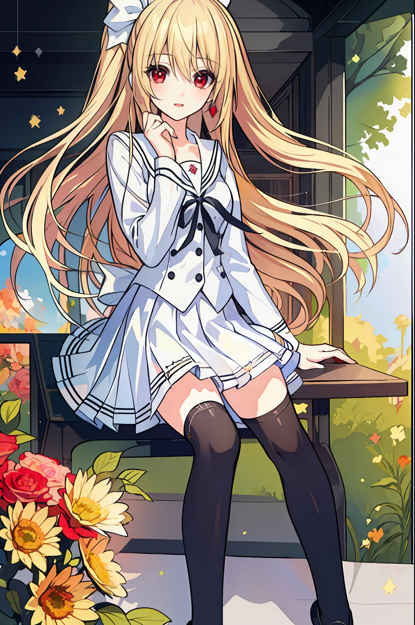 18 year old beautiful girl, ((((Masterpiece)))), ((highest quality)))), ((very detailed))), detailed fingers, precise fingers, not unnatural hands, illustration, 1 girl, solo, blonde right side pony, blonde long hair, white ribbon on right hair, white school uniform, red eyes, white mini skirt, white knee socks, black shoes, dynamic pose, MAYURI