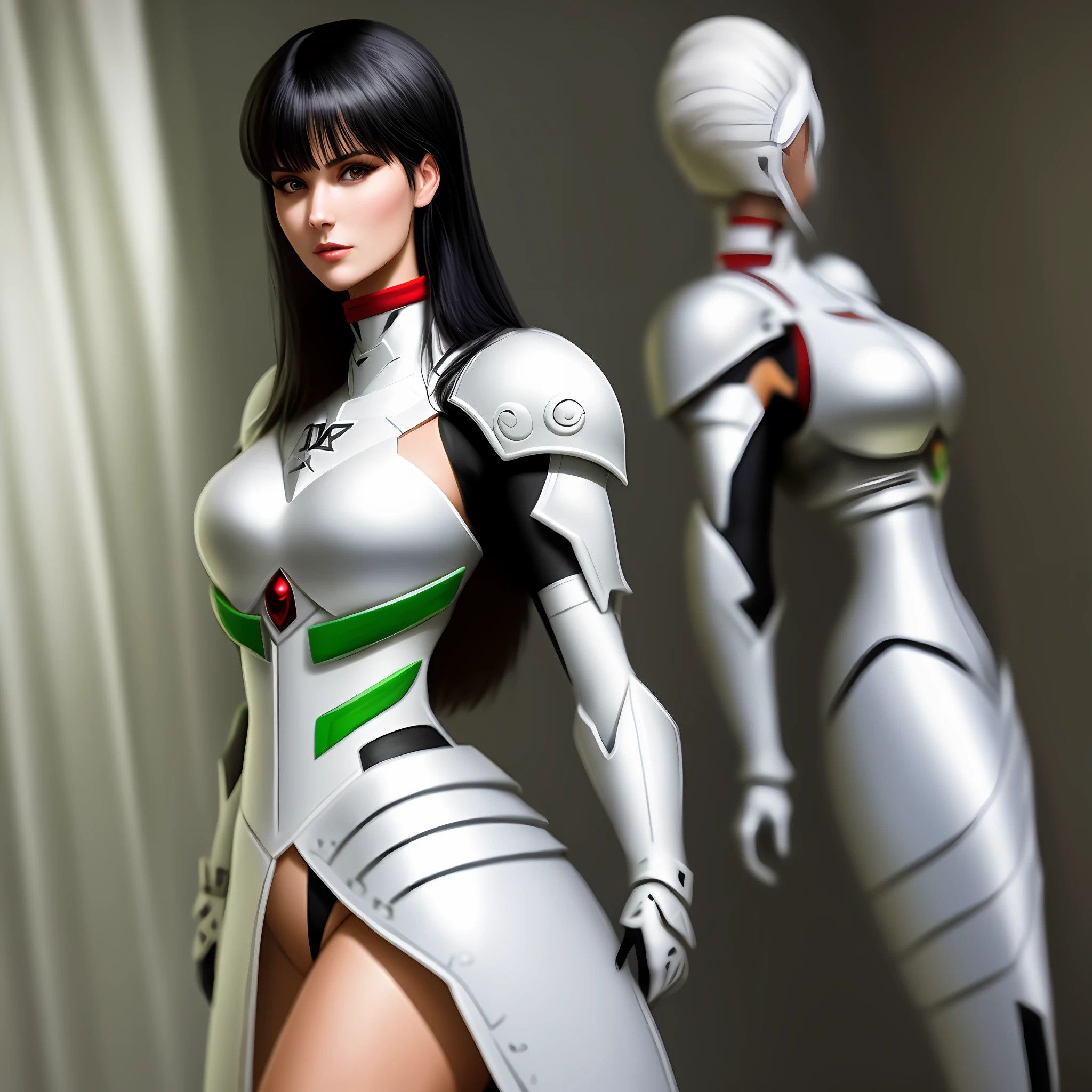 Tall beautiful woman with black hair with white armor