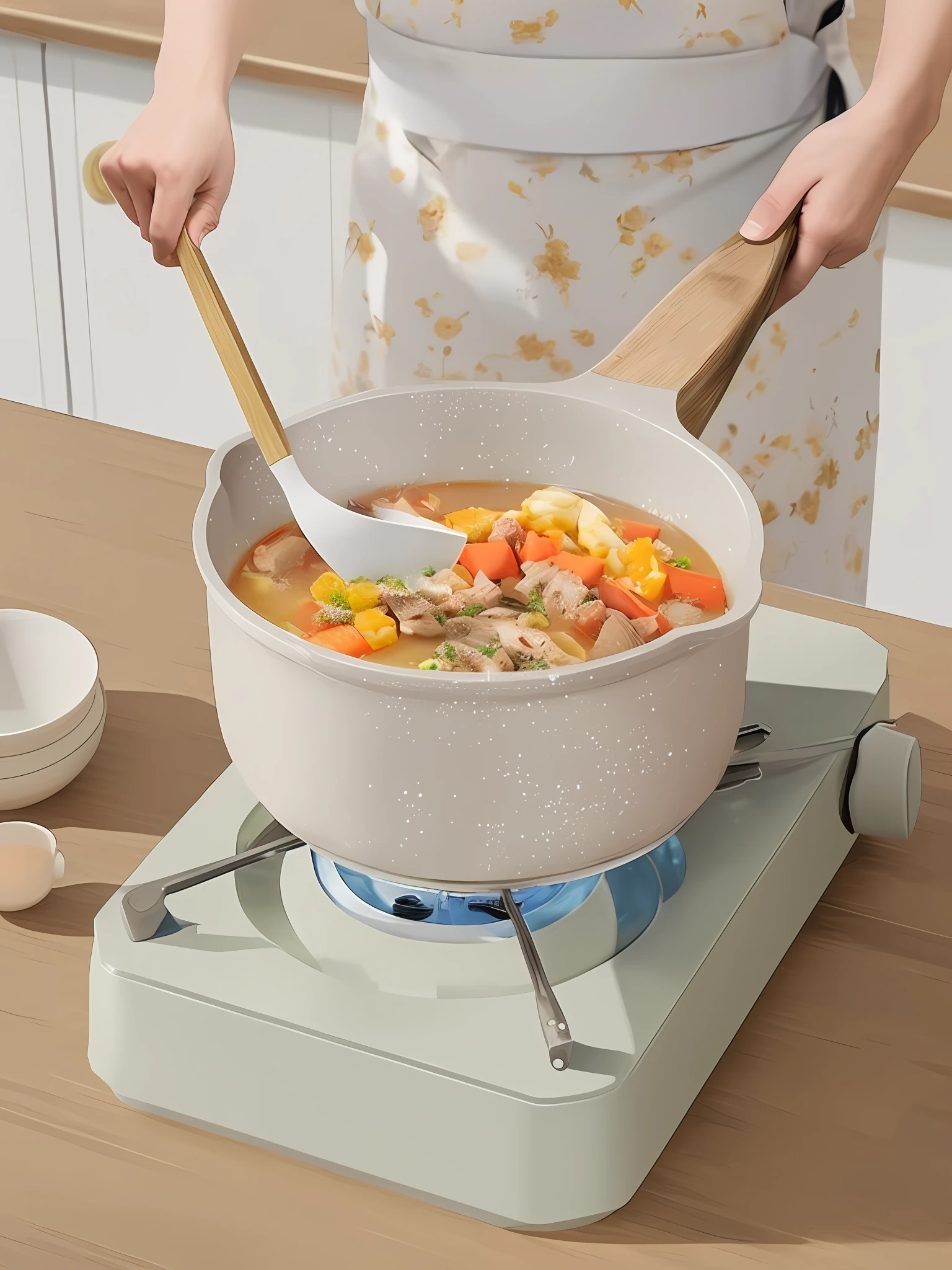 Someone cooks on the stove with a wooden spoon, cooks, steams food on the stove, pot, bottom corner, miko, boiling, mixed art, cooking show, stew, chef, designed for comfortable aesthetics! , warm and convivial atmosphere, boil it, 4L, highly detailed composition, enhanced noise, stove, realistic and inviting