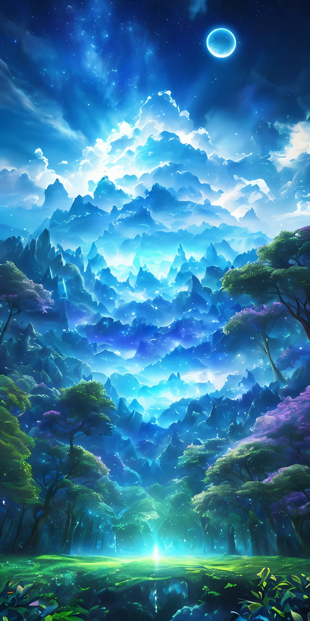 ((surrealism + otherworldliness + hyper-sky scene), 8k, masterpiece, highest quality, full of magic lights, huge crystal tree full body + magic lights perfectly presented, to the highest degree of complex forest details and smooth river surrounding, integrated with the perfect depiction of solar punk, landscape, beautiful green leaves and realistic proportions, just like a real movie background. Clouds and starlight interspersed in the sky, the picture is more dreamy and beautiful. )