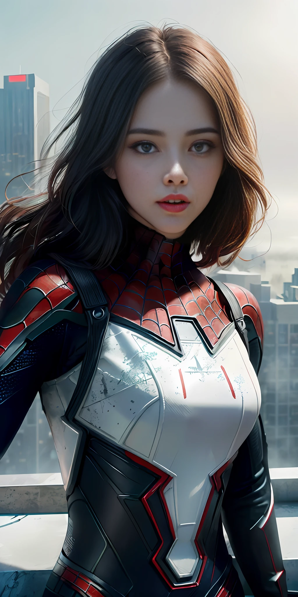 (1girl:1.3), Solo, (((Very detailed face)))), ((Very detailed eyes and face)))), Beautiful detail eyes, Body parts__, Official art, Unified 8k wallpaper, Super detailed, beautiful and beautiful, beautiful, masterpiece, best quality, original, masterpiece, super fine photo, best quality, super high resolution, realistic realism, sunlight, full body portrait, amazing beauty, dynamic pose, delicate face, vibrant eyes, (from the front), She wears Spider-Man suit, red and black color scheme, spider, very detailed city roof background, rooftop, overlooking the city, detailed face, detailed complex busy background, messy, gorgeous, milky white, highly detailed skin, realistic skin details, visible pores, clear focus, volumetric fog, 8k uhd, DSLR, high quality, film grain, fair skin, photo realism, lomography, futuristic dystopian megalopolis, translucent