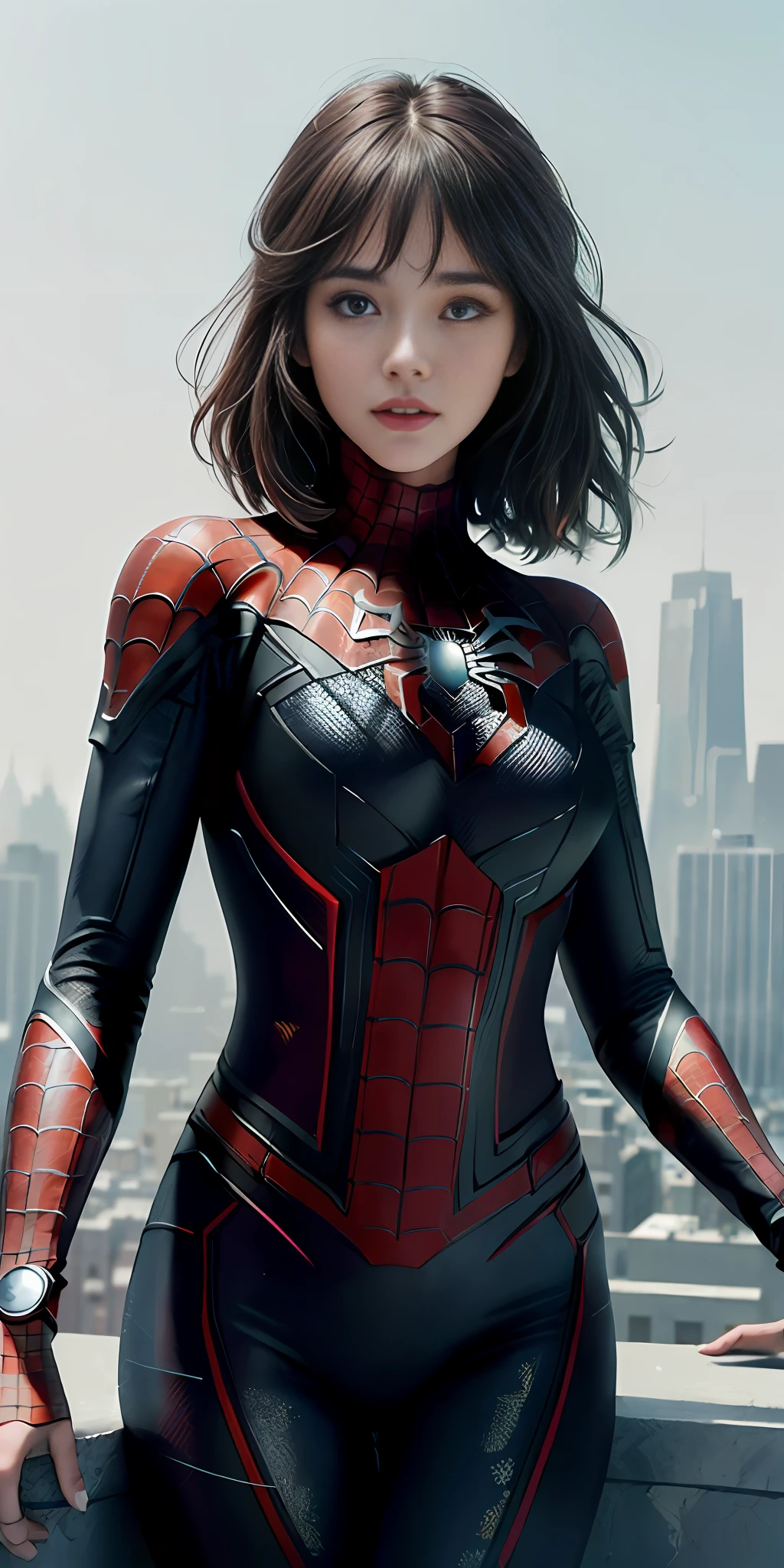 (1girl:1.3), Solo, (((Very detailed face)))), ((Very detailed eyes and face)))), Beautiful detail eyes, Body parts__, Official art, Unified 8k wallpaper, Super detailed, beautiful and beautiful, beautiful, masterpiece, best quality, original, masterpiece, super fine photo, best quality, super high resolution, realistic realism, sunlight, full body portrait, amazing beauty, dynamic pose, delicate face, vibrant eyes, (from the front), She wears Spider-Man suit, red and black color scheme, spider, very detailed city roof background, rooftop, overlooking the city, detailed face, detailed complex busy background, messy, gorgeous, milky white, highly detailed skin, realistic skin details, visible pores, clear focus, volumetric fog, 8k uhd, DSLR, high quality, film grain, fair skin, photo realism, lomography, futuristic dystopian megalopolis, translucent
