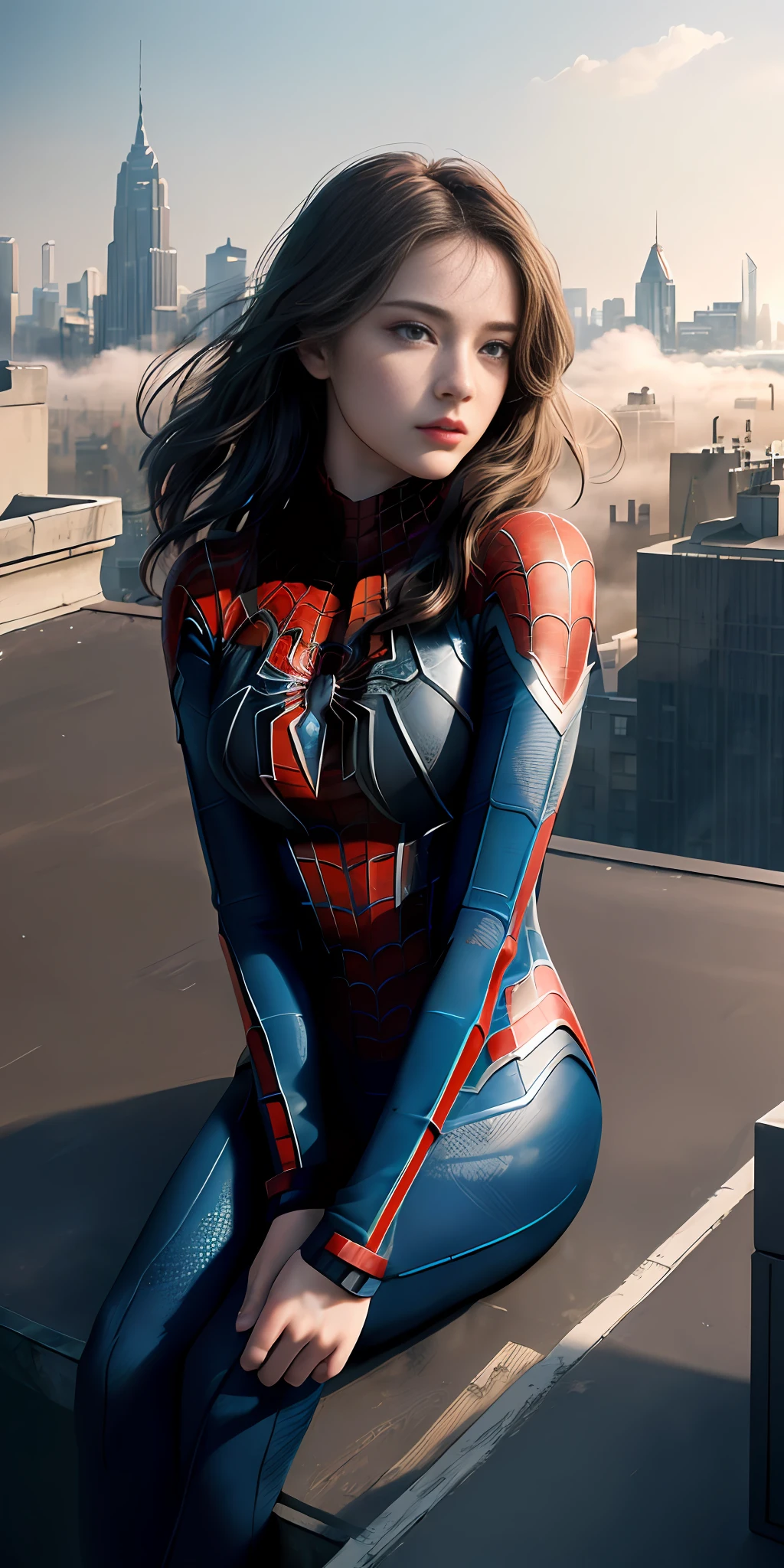 (1girl:1.3), Solo, (((Very detailed face)))), ((Very detailed eyes and face)))), Beautiful detail eyes, Body parts__, Official art, Unified 8k wallpaper, Super detailed, beautiful and beautiful, beautiful, masterpiece, best quality, original, masterpiece, super fine photo, best quality, super high resolution, realistic realism, sunlight, full body portrait, amazing beauty, dynamic pose, delicate face, vibrant eyes, (from the front), She wears Spider-Man suit, red and black color scheme, spider, very detailed city roof background, rooftop, overlooking the city, detailed face, detailed complex busy background, messy, gorgeous, milky white, highly detailed skin, realistic skin details, visible pores, clear focus, volumetric fog, 8k uhd, DSLR, high quality, film grain, fair skin, photo realism, lomography, futuristic dystopian megalopolis, translucent