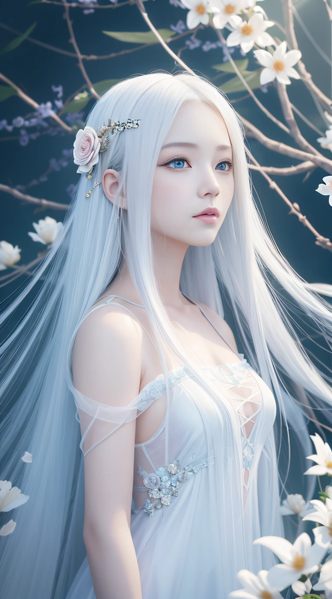 Girl with long white hair and dress with flowers, digital art inspired by Ai Xuan, trend in CG society, fantasy art, ((beautiful fantasy queen)), ethereal beauty, beautiful fantasy queen, 8k high quality detail art, beautiful fantasy anime, ethereal fantasy, beautiful young wind spirit, guweiz, cgstation trend ((premium silk transparent))