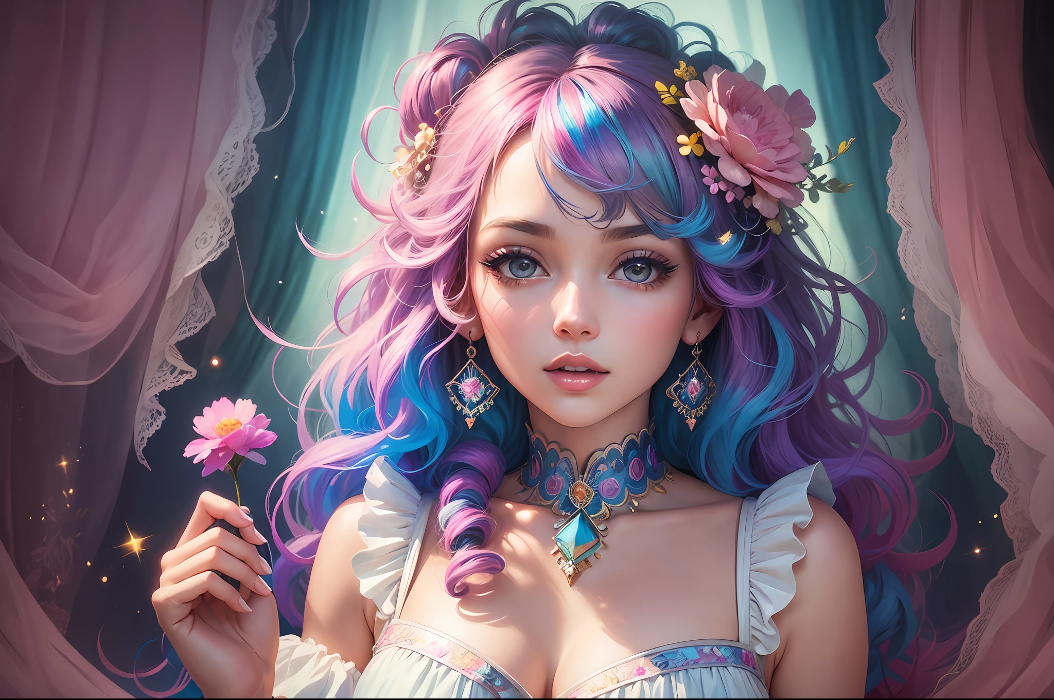 a woman in boheme chic outfit adorned with flowers, vibrant colors, anime-inspired, soft pastels, brush strokes, ethereal, digital painting, beautiful and intricate patterns, delicate curls, rainbows, playful, stylish, high contrast, striking shadows, fantastical elements, modern twist, retro vibes, lively and energetic, surrealistic elements, kaleidoscopic patterns, dreamlike atmosphere, whimsical, effervescent, contemporary flair, eye-catching details, magical ambiance, lively, youthful, pop-art influences, immersive depth. - --auto --s2