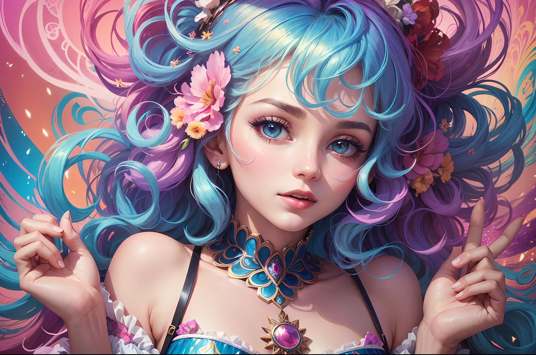 a woman in boheme chic outfit adorned with flowers, vibrant colors, anime-inspired, soft pastels, brush strokes, ethereal, digital painting, beautiful and intricate patterns, delicate curls, rainbows, playful, stylish, high contrast, striking shadows, fantastical elements, modern twist, retro vibes, lively and energetic, surrealistic elements, kaleidoscopic patterns, dreamlike atmosphere, whimsical, effervescent, contemporary flair, eye-catching details, magical ambiance, lively, youthful, pop-art influences, immersive depth. - --auto --s2