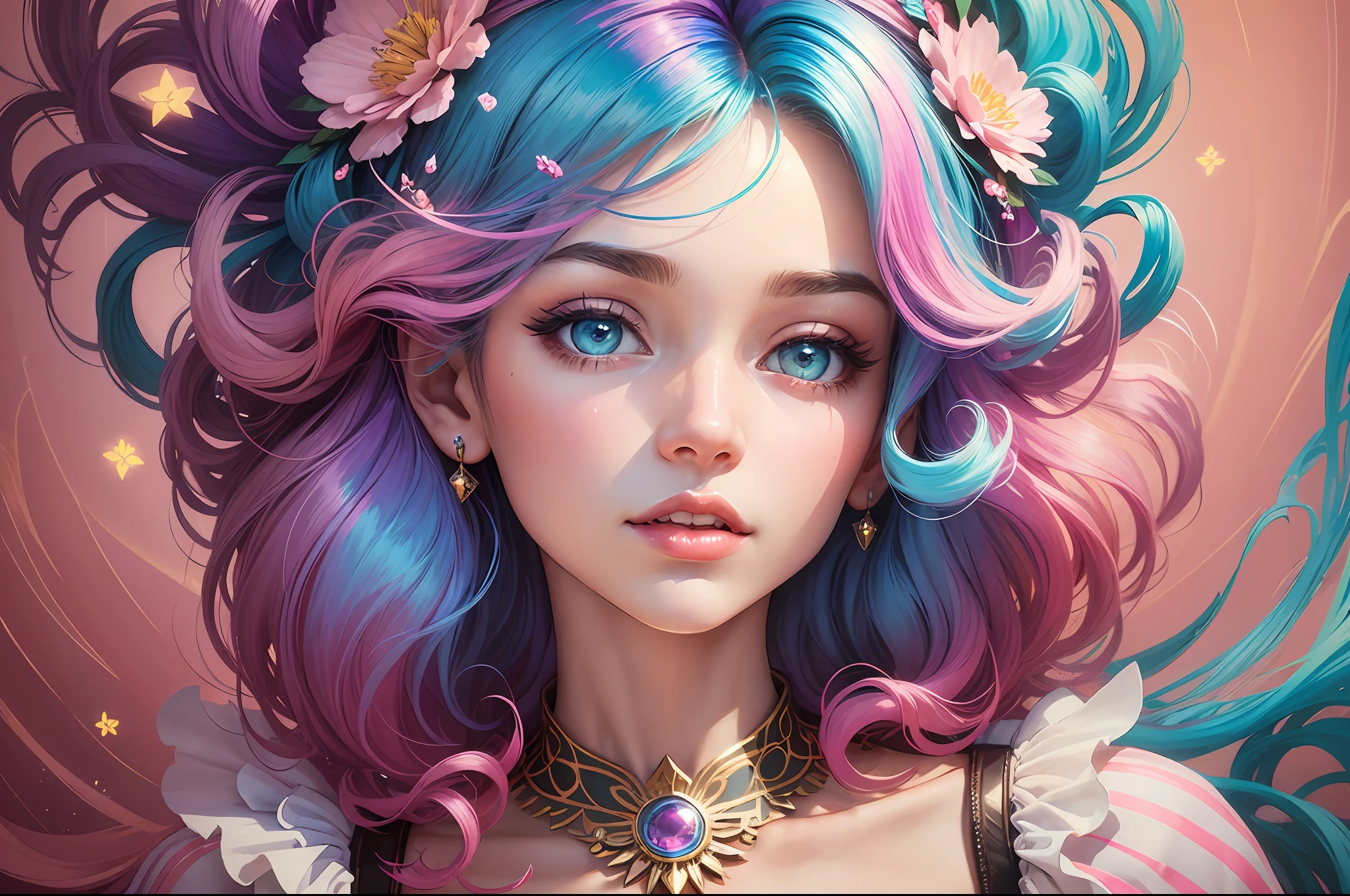 a woman in boheme chic outfit adorned with flowers, vibrant colors, anime-inspired, soft pastels, brush strokes, ethereal, digital painting, beautiful and intricate patterns, delicate curls, rainbows, playful, stylish, high contrast, striking shadows, fantastical elements, modern twist, retro vibes, lively and energetic, surrealistic elements, kaleidoscopic patterns, dreamlike atmosphere, whimsical, effervescent, contemporary flair, eye-catching details, magical ambiance, lively, youthful, pop-art influences, immersive depth. - --auto --s2