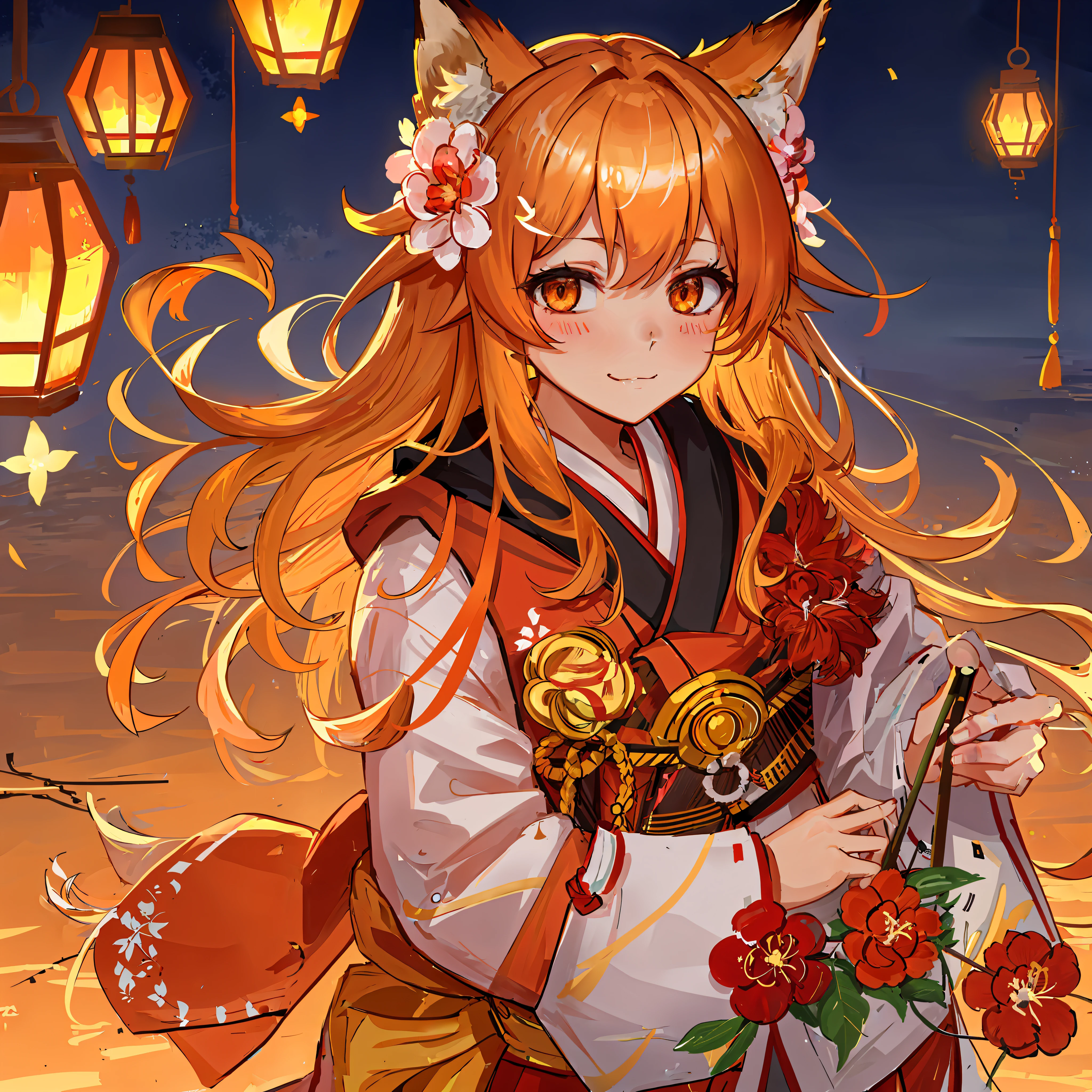 masterpiece, best quality, highly detailed, 1girl, solo, (:3:1.1), animal ear fluff, animal ears, orange hair, fluffy hair, blush, brown eyes, flower, fox ears, fox girl, gradient, gradient background, hair flower, hair ornament, japanese clothes, kimono, looking at viewer, miko, smile, solo, white kimono, beautiful lighting, (Alena Aenami:1.3)
