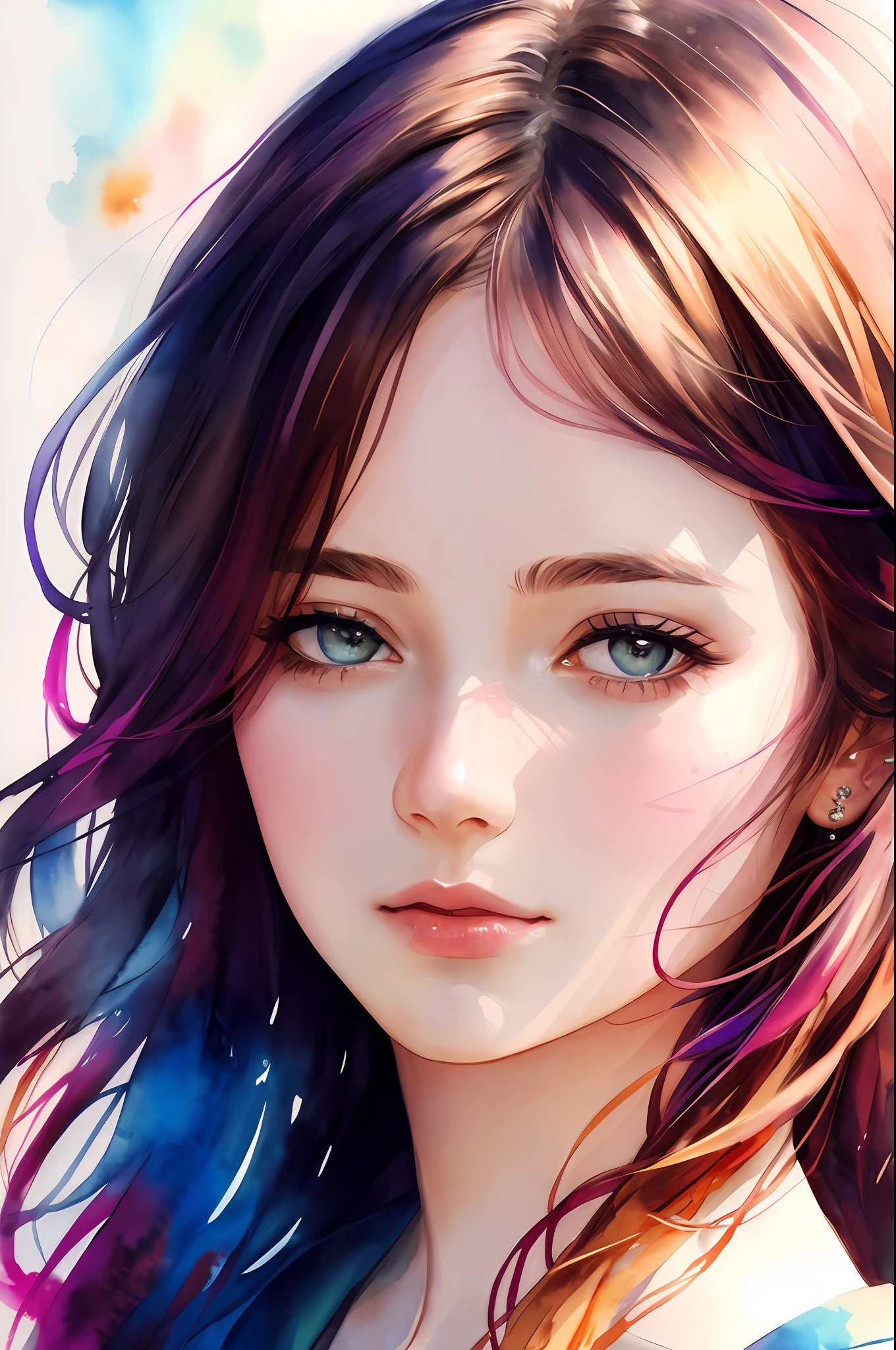 (8k, best quality, masterpiece:1.2),(best quality:1.0), (ultra highres:1.0), watercolor, a beautiful woman, shoulder, hair ribbons, by agnes cecile, half body portrait, extremely luminous bright design, pastel colors, (ink:1.3), autumn lights,