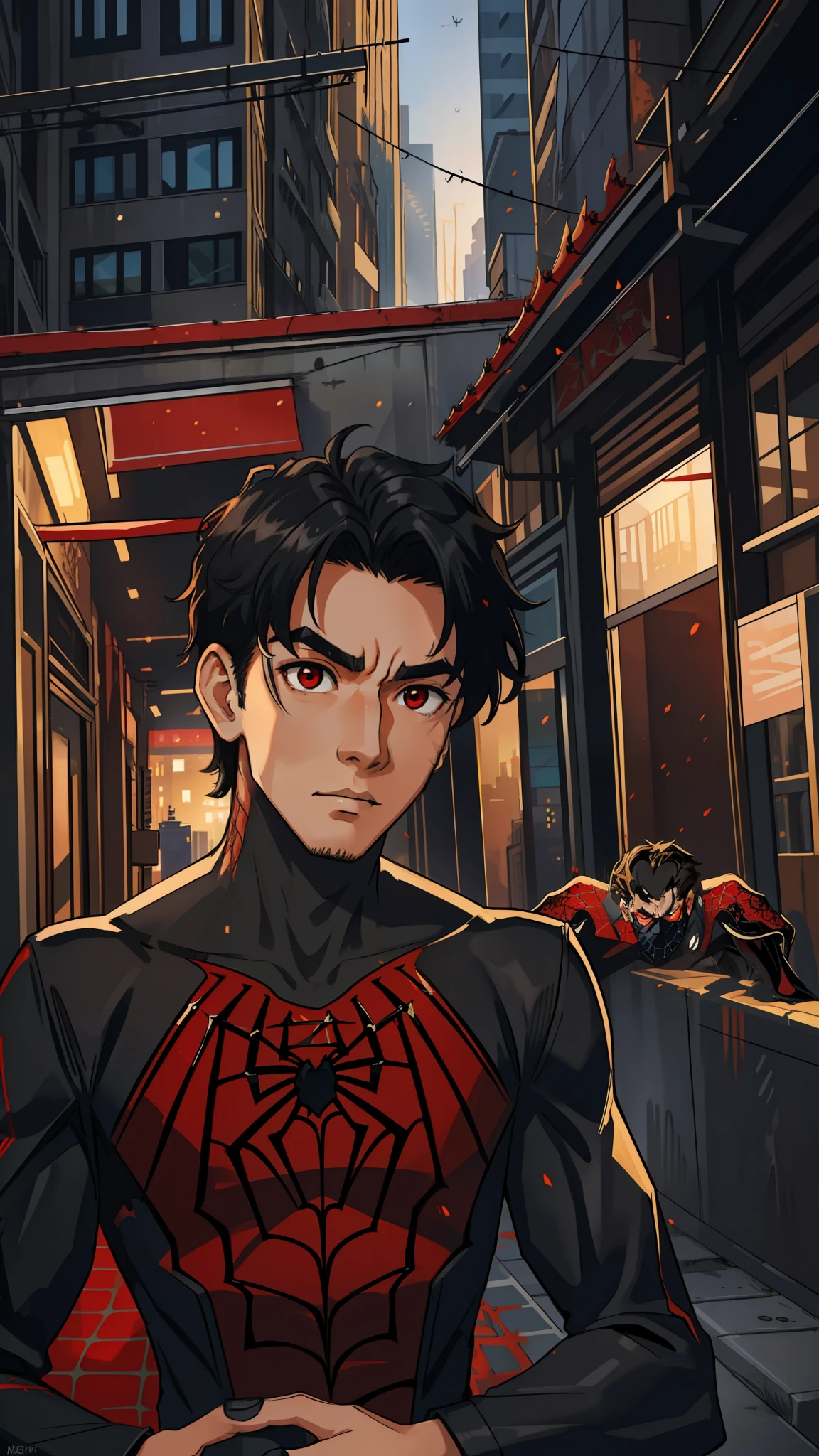 (masterpiece, best quality), intricate details, 8k, artstation, wallpaper, official art, splash art, sharp focus,
Boy, hair split in half, red eyes, black hair,
 spider suit, spider web printing, spider web,  
skyscrapers, city, buildings, cars, street, tanned skin