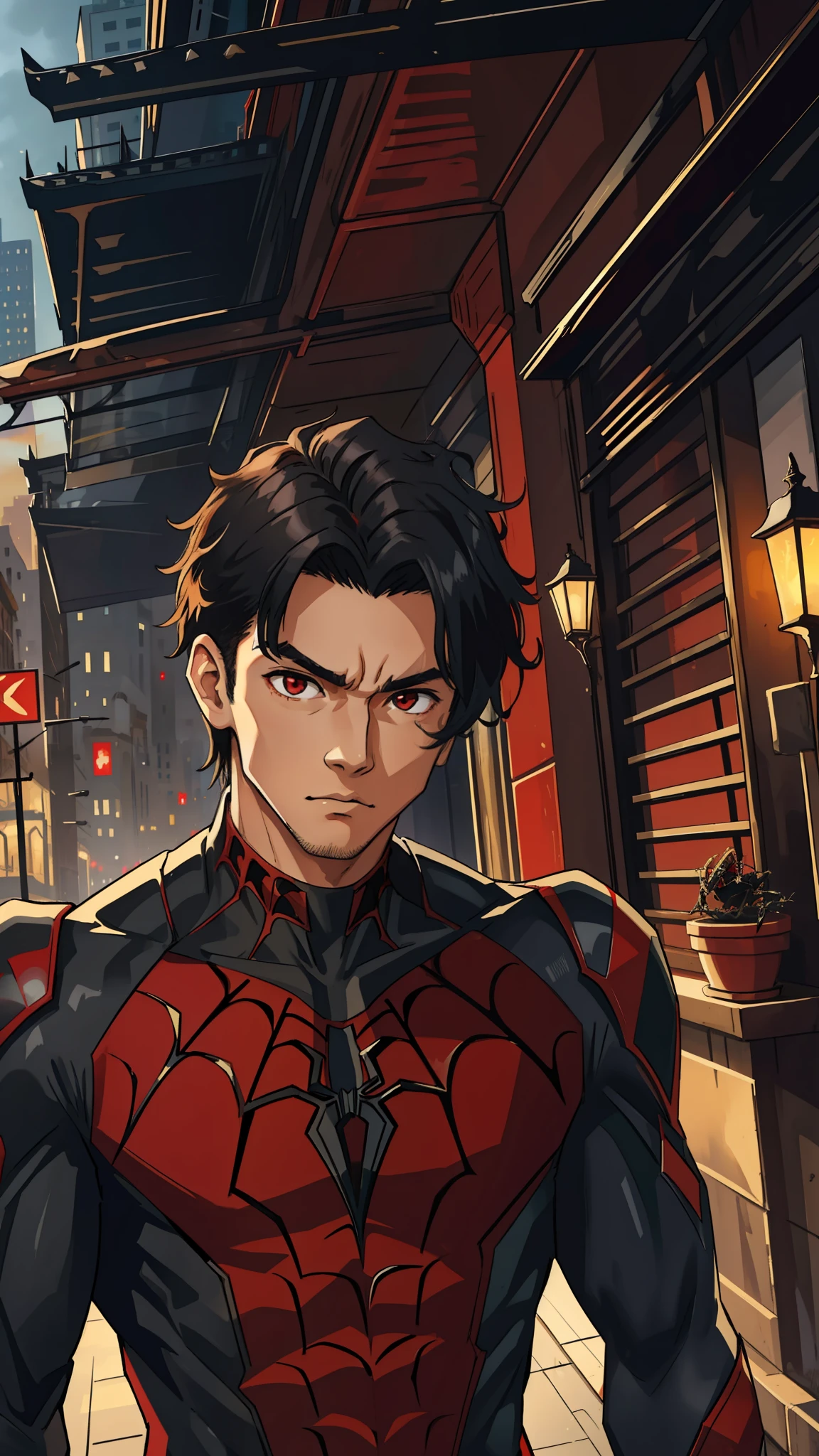 (masterpiece, best quality), intricate details, 8k, artstation, wallpaper, official art, splash art, sharp focus,
Boy, hair split in half, red eyes, black hair,
 spider suit, spider web printing, spider web,  
skyscrapers, city, buildings, cars, street, tanned skin