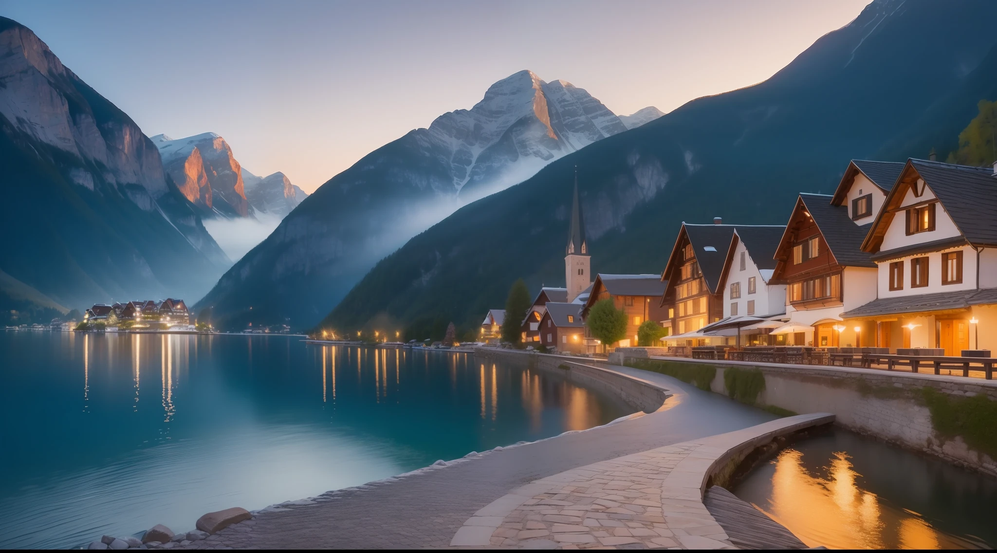 ((award-winning)),(the most stunning),((landscape photography)),(extremely detailed),(masterpiece),(realistic),(8k),(most stunning),Hallstatt,twilight,(night)