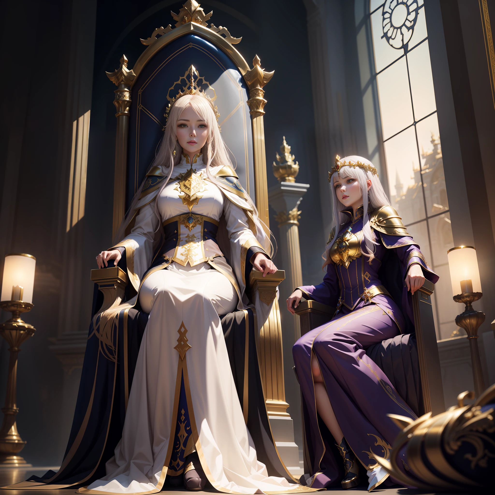 there are two women sitting on a throne in a room, wlop and sakimichan, queen and ruler of the universe, elegant cinematic fantasy art, wlop and ross tran, sitting in a gilded throne, 2. 5 d cgi anime fantasy artwork, in a throne room, white and gold priestess robes, cinematic cgsociety