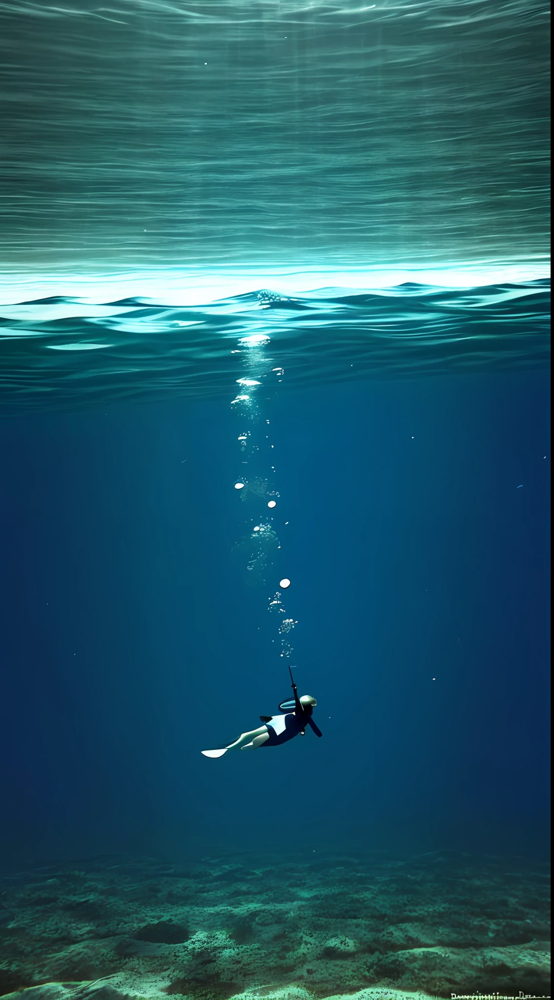(realistic) there is a person swimming in the ocean with a diving board, a diver is under the sea, a diver is under the sea, swimming to the surface, under the water swimming, standing under the sea, swimming deep underwater, underwater perspective, middle of the ocean, humans hide in the underwater water, fish, photo of the middle of the ocean, incredible depth, Brazilian sea
