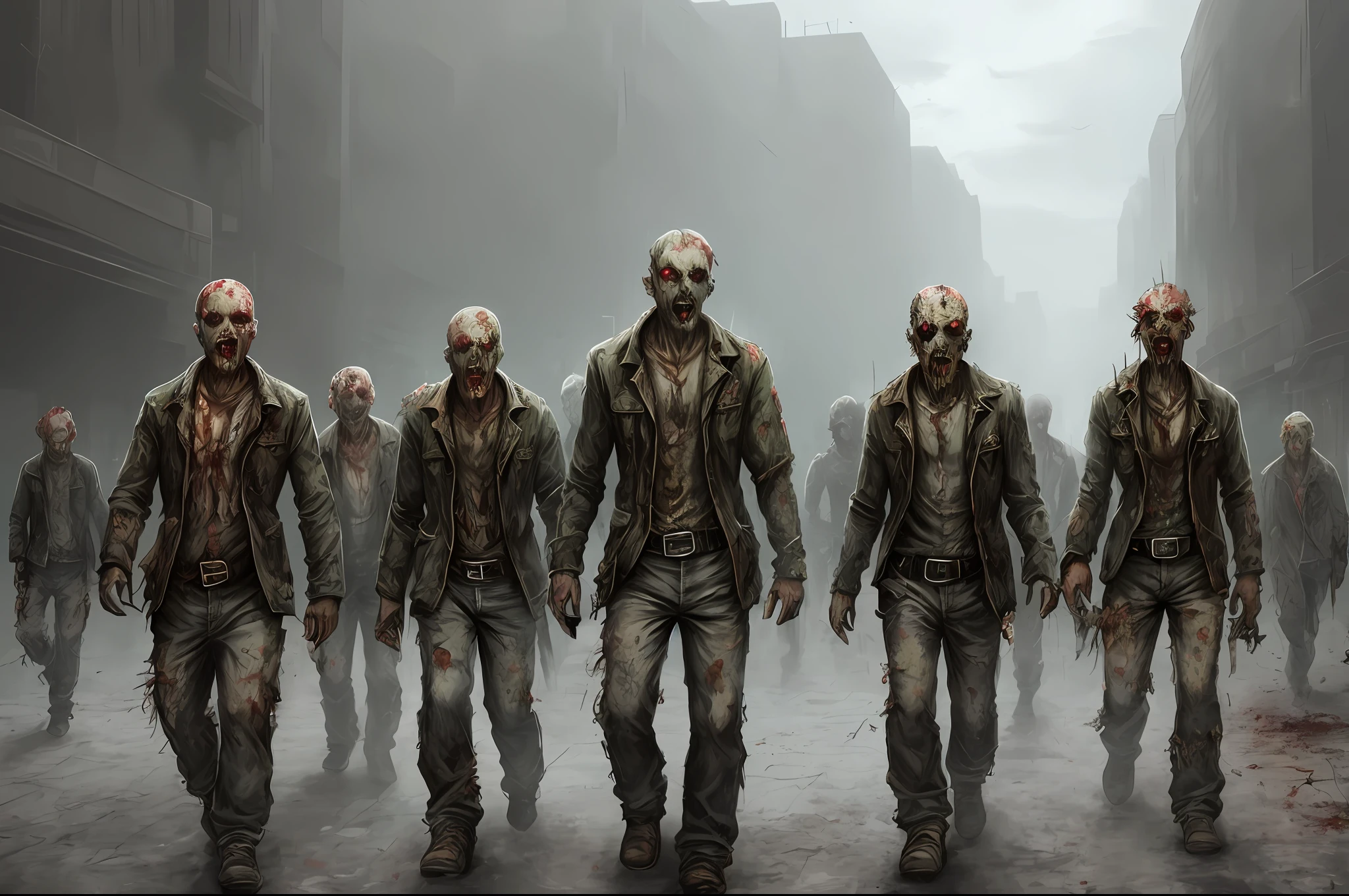 Ready. Based on your input, the generated prompt words for the painting AI are: "A group of zombies with grotesque facial features are wandering around the city."