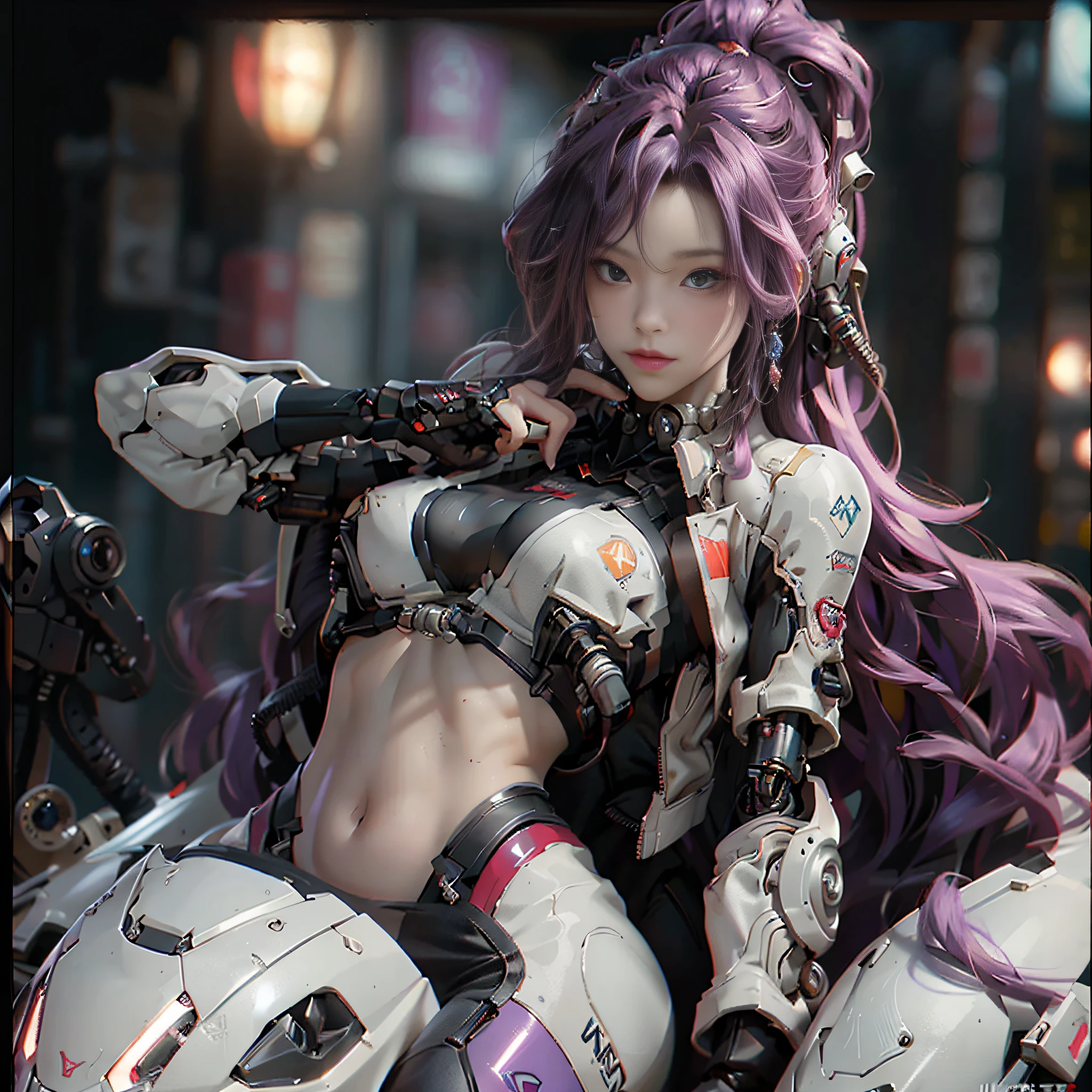 Highest quality, outstanding detail, ultra-high resolution, 1.4x realism, best illustration, attention to detail, close-up, a mecha girl with a beautiful face, a red and white semi-mechanical body, moderate breasts, sexy belly button, obvious cleavage, motorcycle riding, cyberpunk, futuristic, complex mechanical aesthetics, amazing mechanical details, set against the background of futuristic urban high-tech lighting, virtual engine 5 rendering, perfect detail rendering, octane rendering and ultra HD, long purple hair.