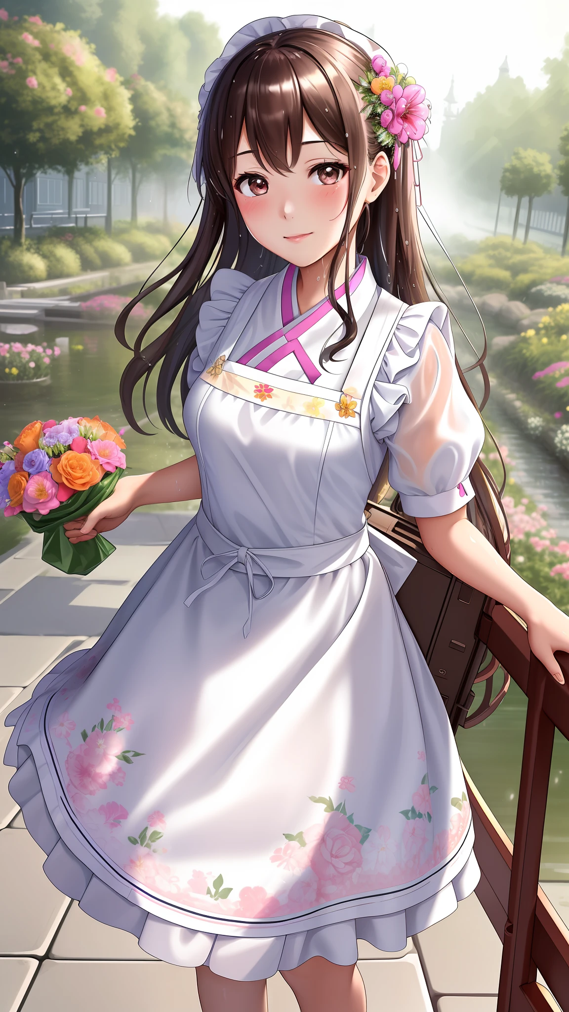 (Best quality, high definition, clear image, detailed background) A girl shot from a Dutch angle, wearing a random hanbok dress and waist apron, with flowers and a trolley case around her side, the picture is wet and vivid.