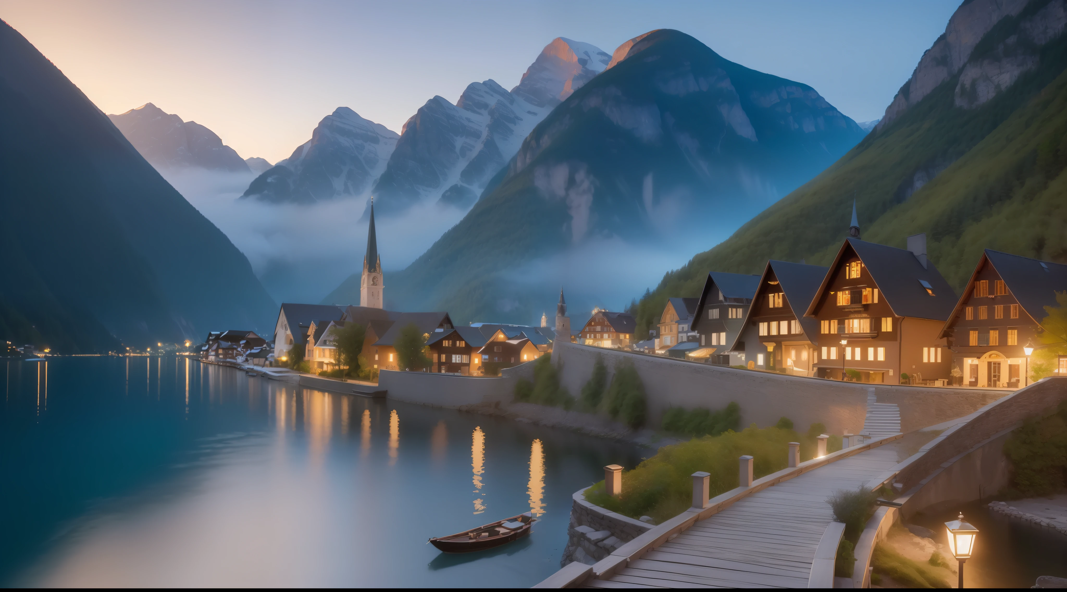 ((award-winning)),(the most stunning),((landscape photography)),(extremely detailed),(masterpiece),(realistic),(8k),(most stunning),Hallstatt,twilight,(night)