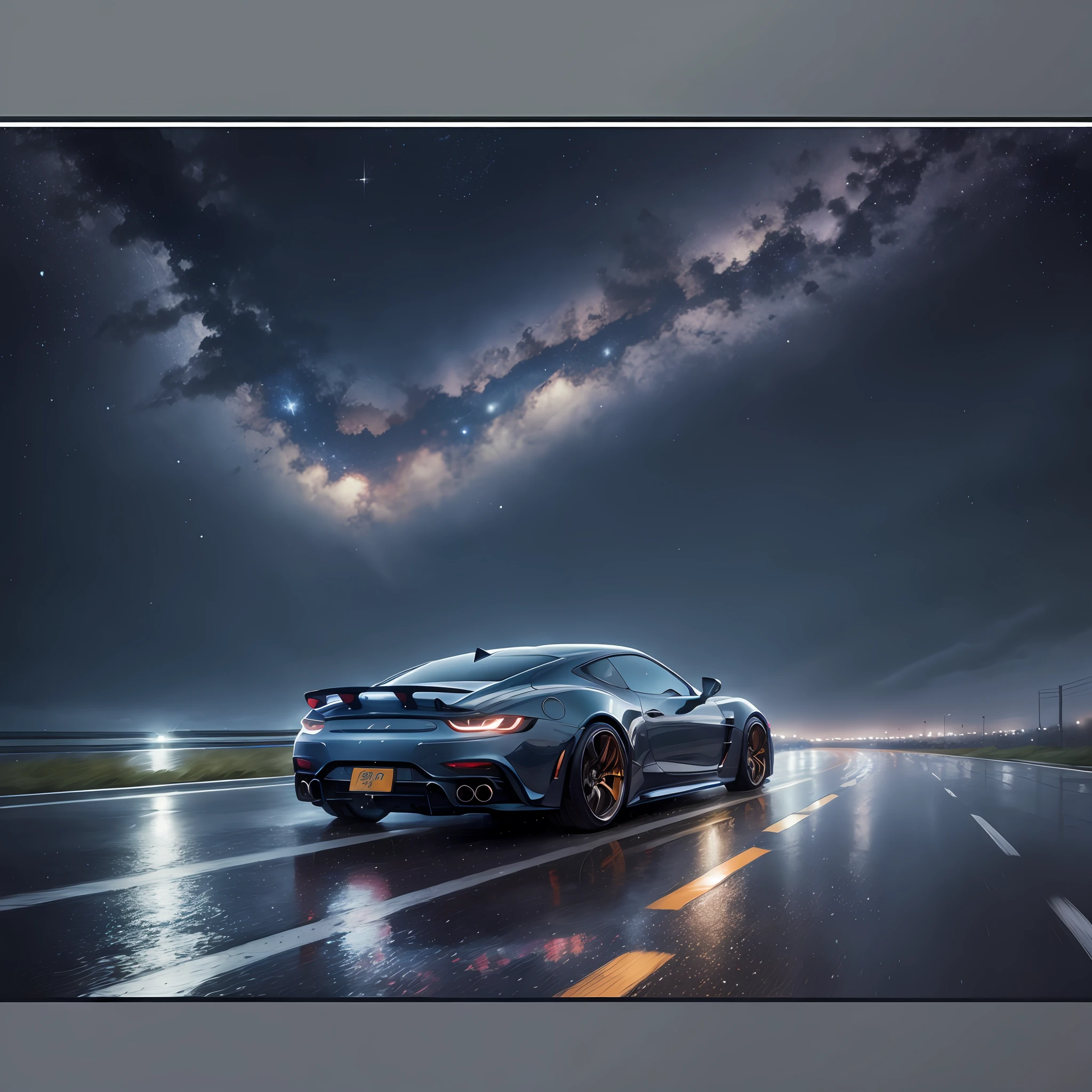 Detailed starry sky, sports car driving on rainy highway, no one, official art, best quality