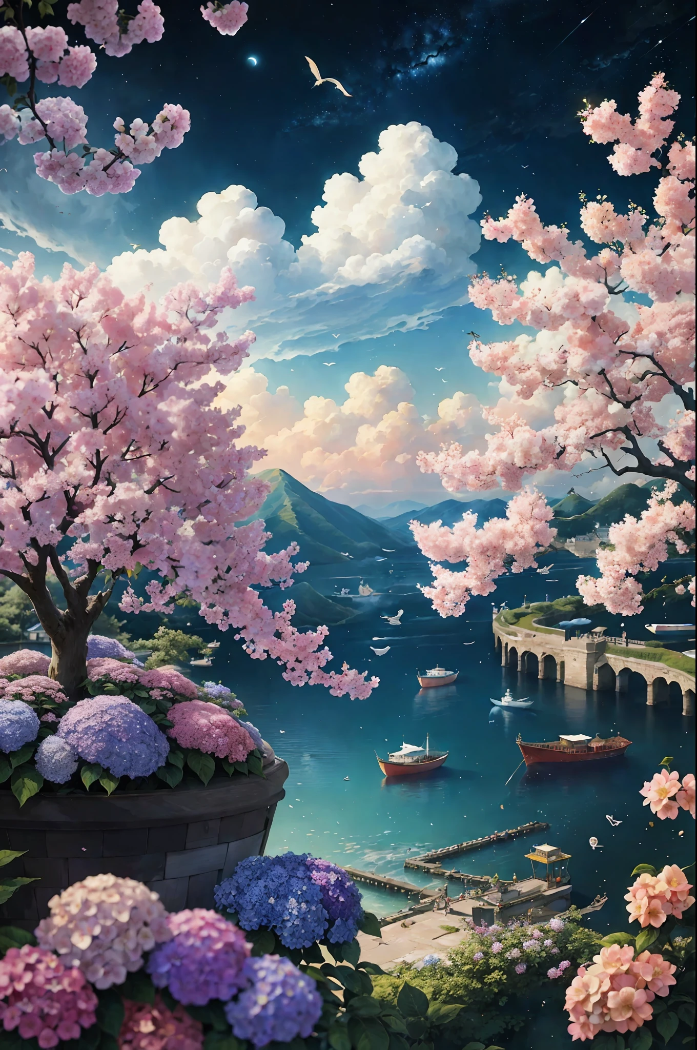 paint (strokes)+, atmosphere, intricate, clouds, aspect ratio 1:1, raytracing, Bokeh, smooth, (colorful), (detailed complex busy background: 0.8), hydrangea, repair drones, (night:1.4), Sharp Eyeliner, intricate details, hand on Chinese sword, beautiful, flat illustration, scenery, detail love, (ultra-detailed), day, photon mapping, ((intricate details)), ship wake, (The Peach Tree), crowd,