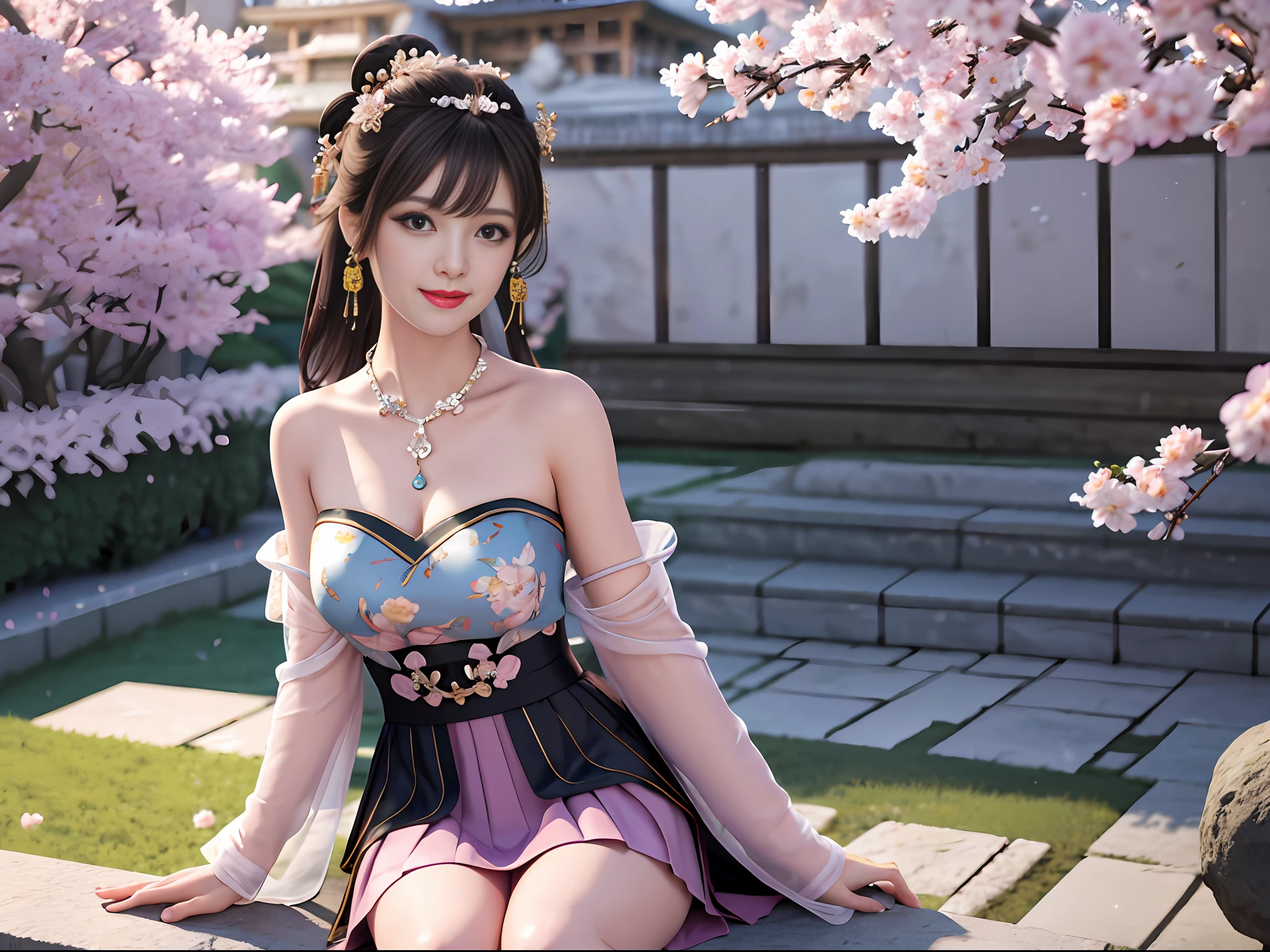 Excellent, masterpiece, high quality, high resolution, 8k, wallpaper, (((a girl))), (solo))), sitting on stone, blush, star pupils, (realistic face), (high detail face), bright big eyes, (smile: 0.9), pink lips, sweet smile, beautiful and delicate face, sexy body, (high detail skin: 1.2), Chinese hanfu, ((black dress)), short skirt, leaky shoulders, leaky legs, bandeau, cleavage, medium chest, long black hair, bangs, hair bun, detailed hair accessories, necklace, jewelry, beauty, realistic, light sense, ancient courtyard, courtyard full of plum blossoms, detailed background, 8k uhd, SLR, soft light, high quality, volumetric lighting, candid shot, photo, high resolution, 4k