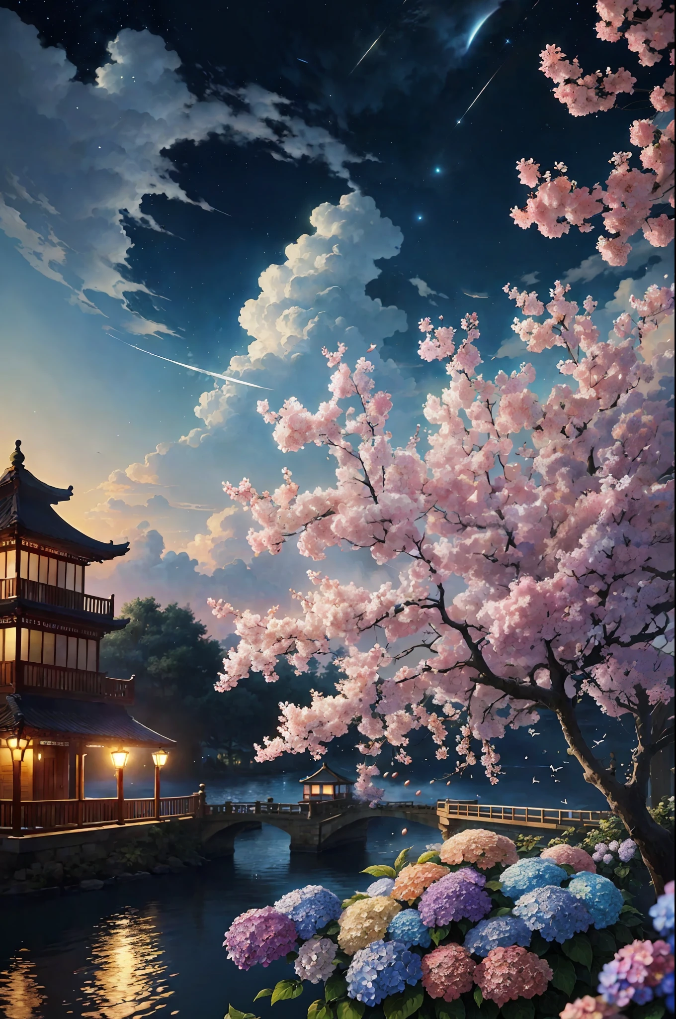 paint (strokes)+, atmosphere, intricate, clouds, aspect ratio 1:1, raytracing, Bokeh, smooth, (colorful), (detailed complex busy background: 0.8), hydrangea, repair drones, (night:1.4), Sharp Eyeliner, intricate details, hand on Chinese sword, beautiful, flat illustration, scenery, detail love, (ultra-detailed), day, photon mapping, ((intricate details)), ship wake, (The Peach Tree), crowd,