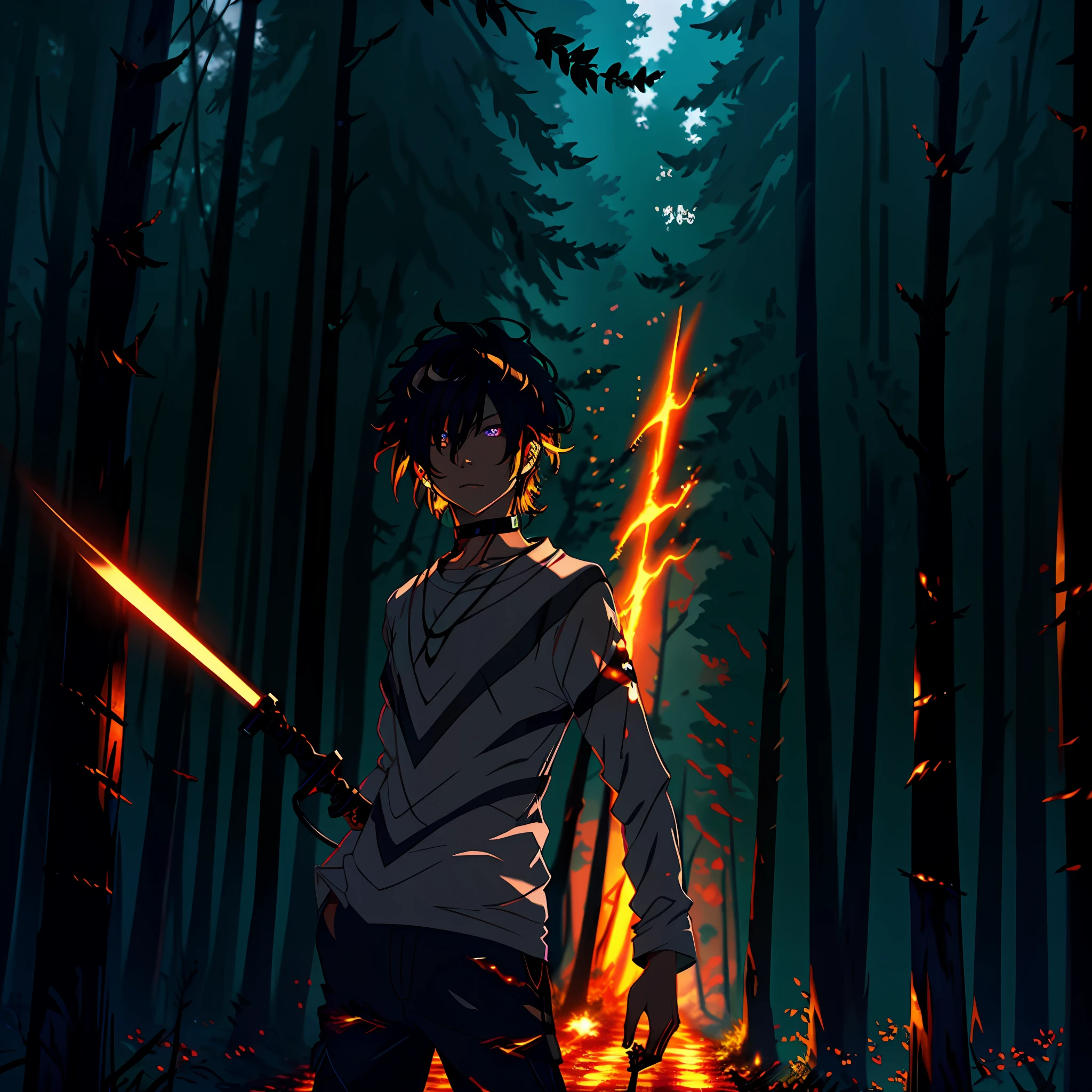 humanoid anime, character design, wearing a reinforced robe, dark, serious face, boy, messy hair not kept, spiky hair, vibrant eye color, golden amber eyes, (black hair), closeup shot, holding a dagger, road in forest, tree shadows, day, 8k, 64k, HD, incomparable masterpiece, dynamic lighting, cinematic, epic Digital art of the highest quality,   Stunning art, 4k wallpaper, ultra hyper detailed, higher resolution