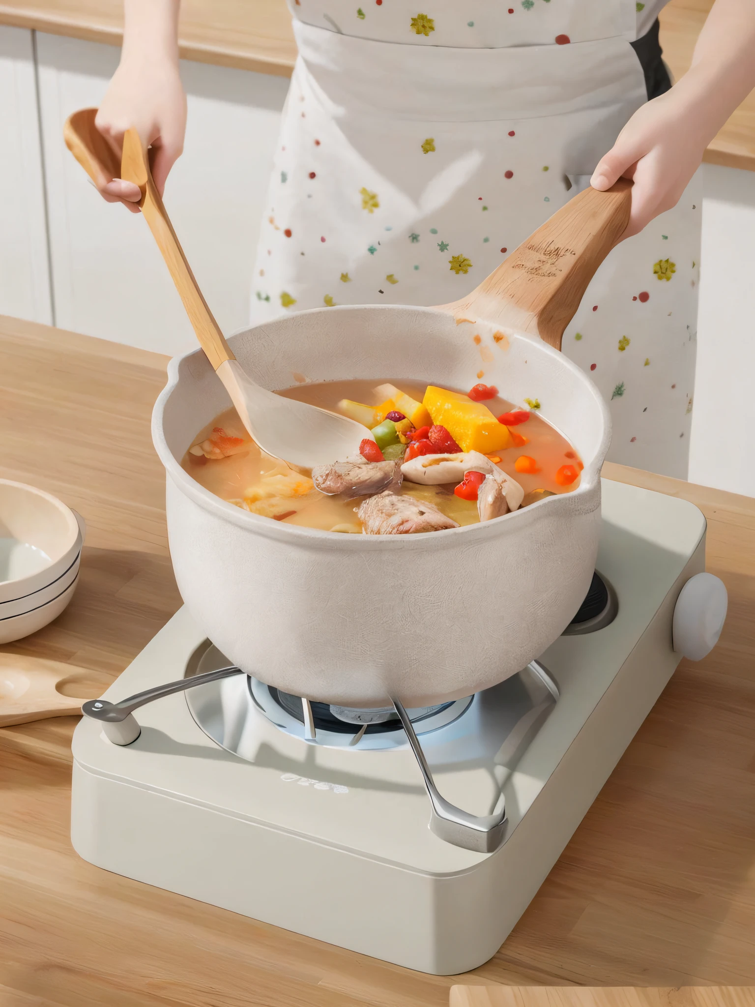 Someone cooks on the stove with a wooden spoon, cooks, steams food on the stove, pot, bottom corner, miko, boiling, mixed art, cooking show, stew, chef, designed for comfortable aesthetics! , warm and convivial atmosphere, boil it, 4L, highly detailed composition, enhanced noise, stove, realism