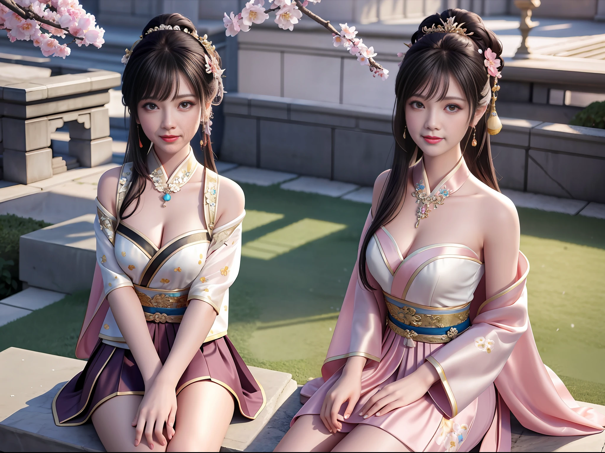 Excellent, masterpiece, high quality, high resolution, 8k, wallpaper, (((a girl))), (solo))), sitting on stone, blush, star pupils, (realistic face), (high detail face), bright big eyes, (smile: 0.9), pink lips, sweet smile, beautiful and delicate face, sexy body, (high detail skin: 1.2), Chinese hanfu, ((black dress)), short skirt, leaky shoulders, leaky legs, bandeau, cleavage, medium chest, long black hair, bangs, hair bun, detailed hair accessories, necklace, jewelry, beauty, realistic, light sense, ancient courtyard, courtyard full of plum blossoms, detailed background, 8k uhd, SLR, soft light, high quality, volumetric lighting, candid shot, photo, high resolution, 4k