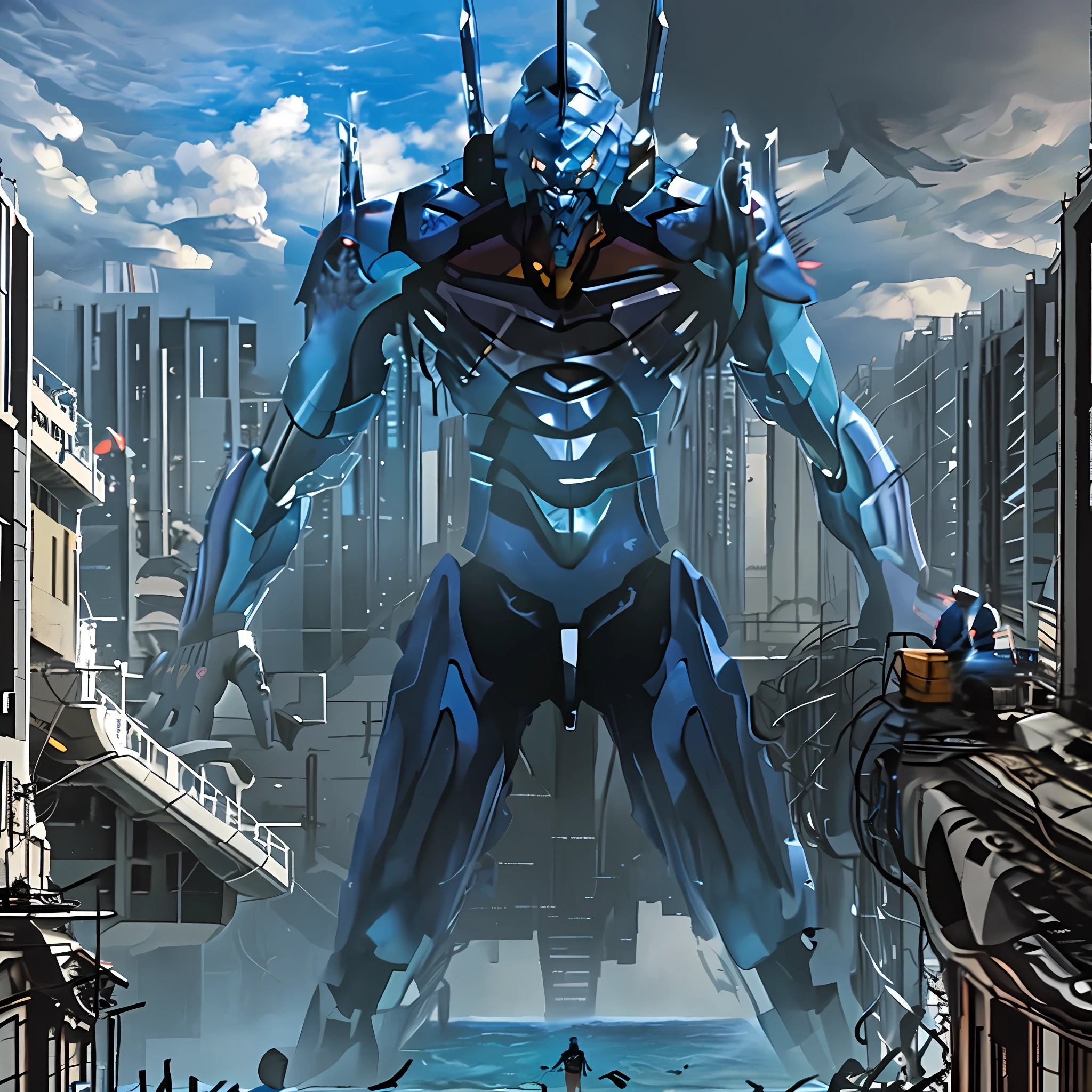 Giant blue robot coming out of the sea