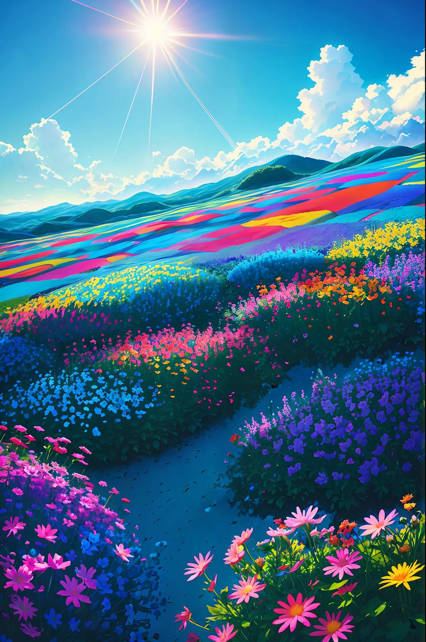 vibrant blue tinted colors, skyscraper, highly saturated colors, Fujifilm Fujichrome Provia 100F film, flower field, purity and dreamy symbolism, (muted colors:1.2), (photon mapping), octane render + hyper realistic, storage, (8k), hdr, sunny,
