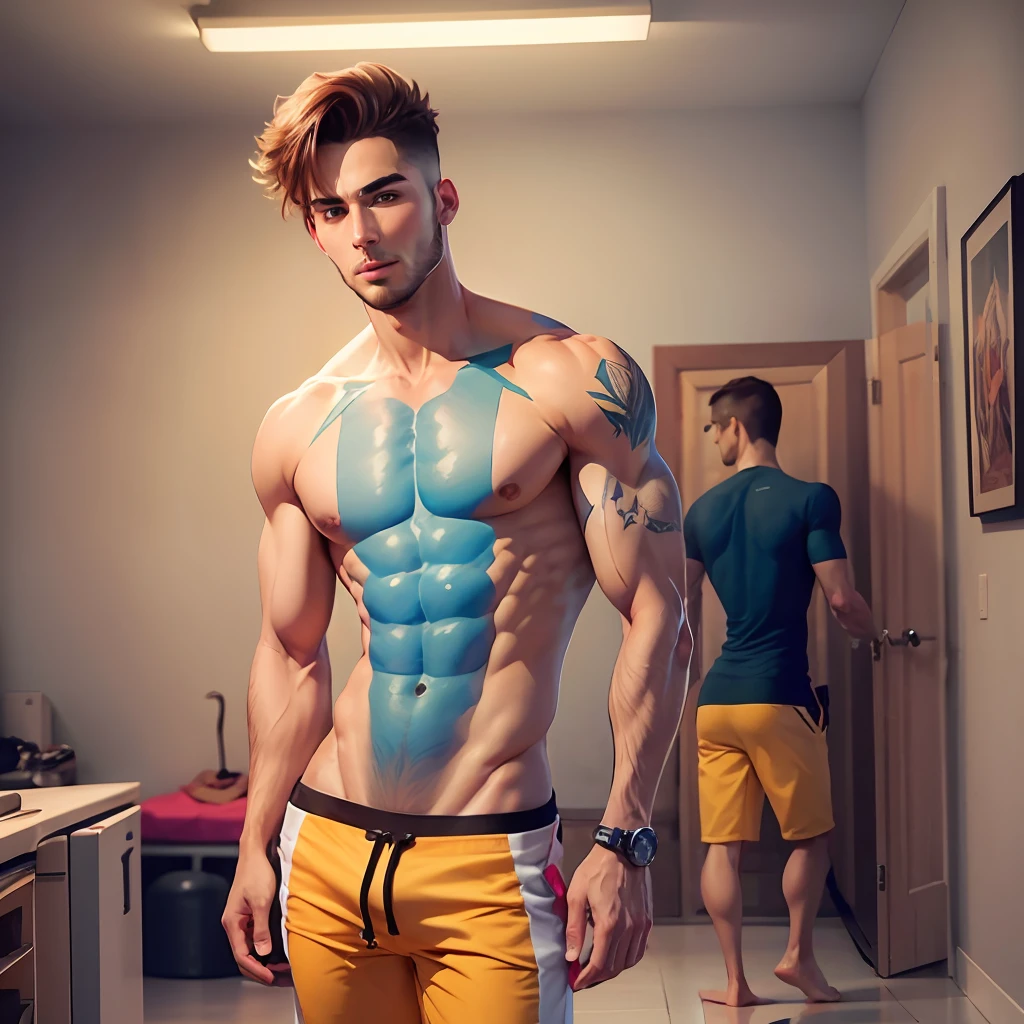 2 beautiful guys, shirtless, body defined, vibrant colors, boyfriends --auto --s2